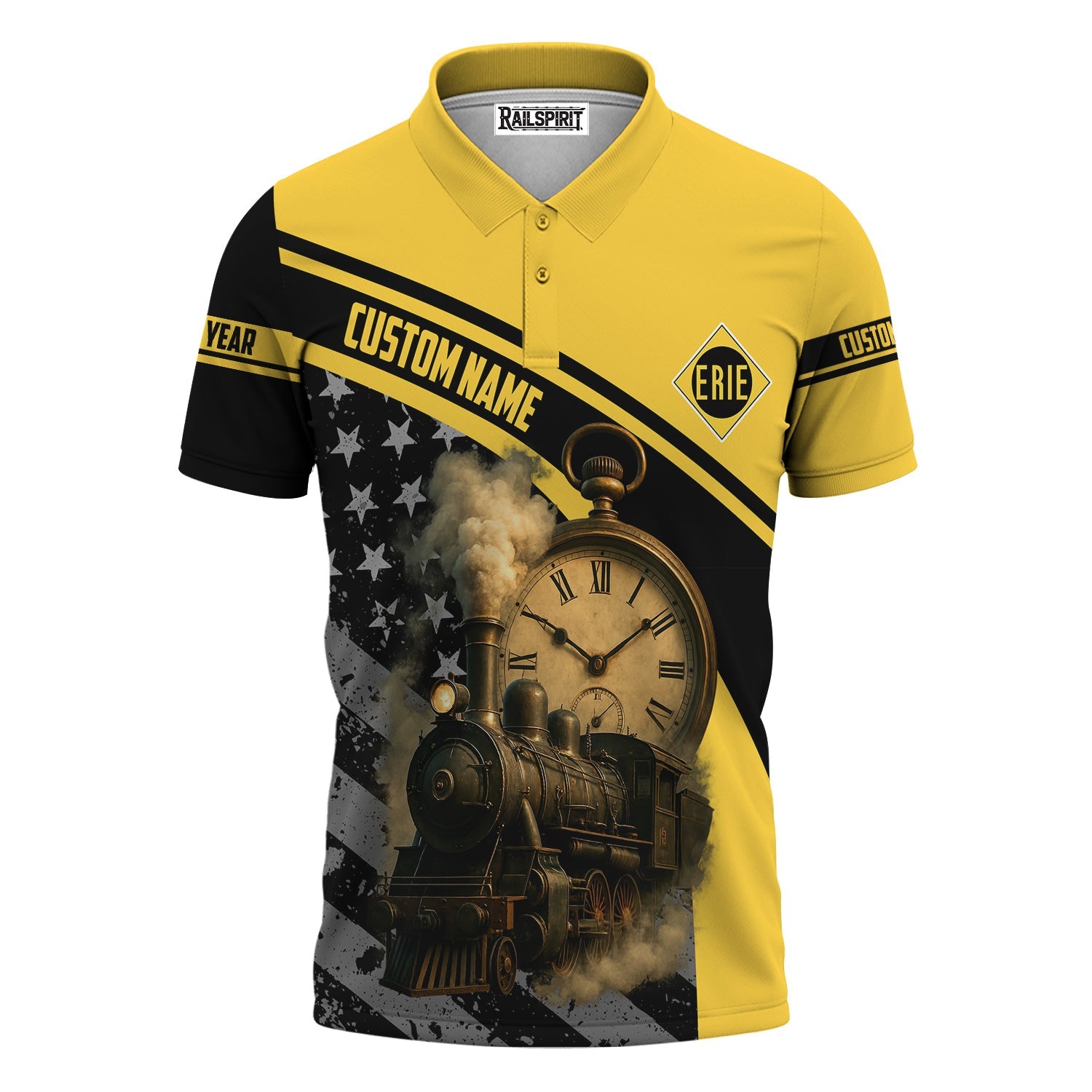 Railspirit Personalized Erie Railroad Polo Shirt Classic Steam Engine With Retro Pocket Watch Shirt All Over Print