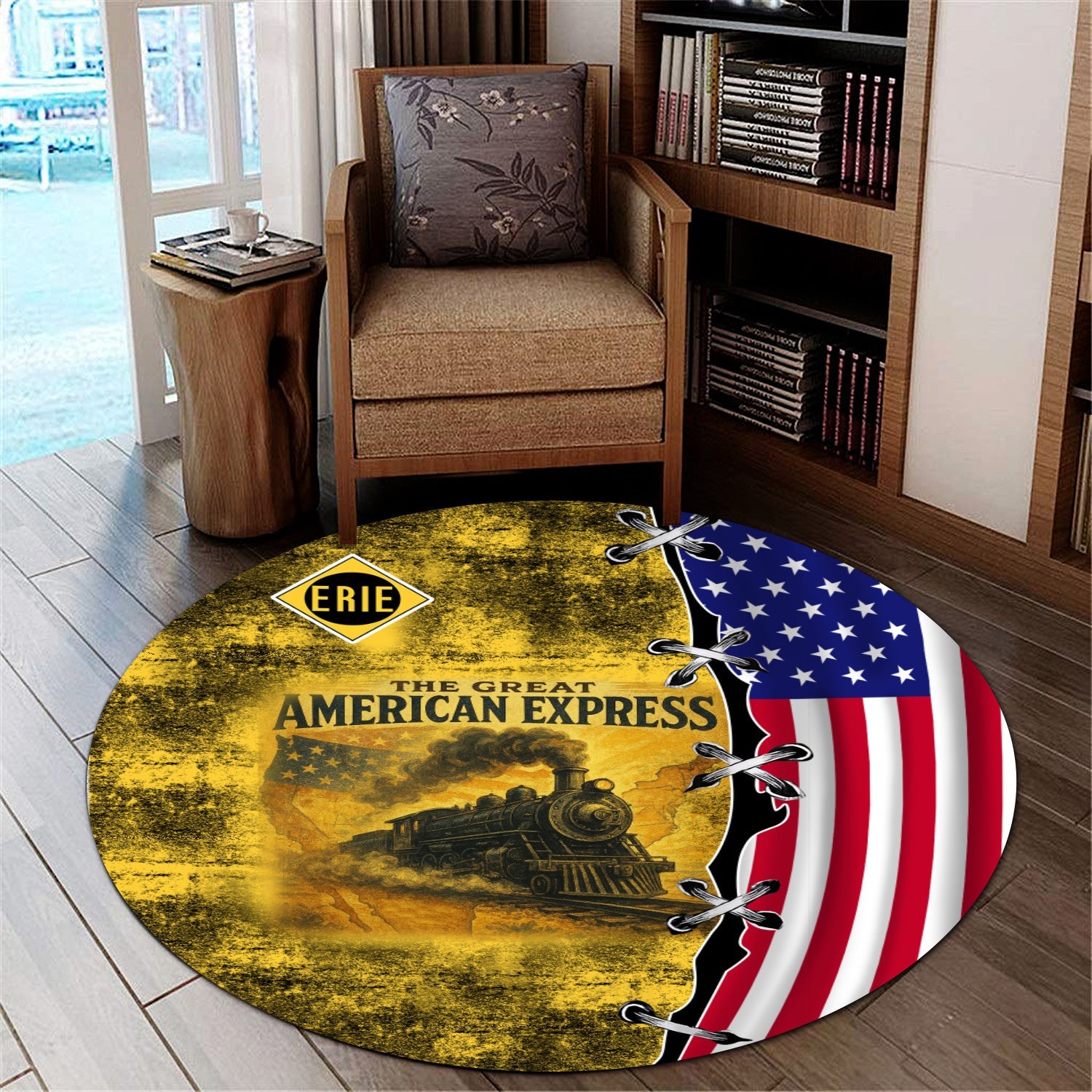 Railspirit Erie Railroad Round Mat Retro American Express Train With USA Flag Round Mat