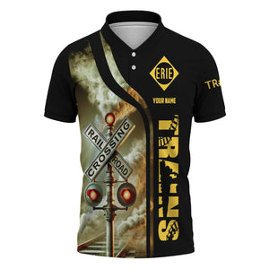 Railspirit Personalized Erie Railroad Polo Shirt Crossing Railroad Sign American Locomotive Train Shirt All Over Print