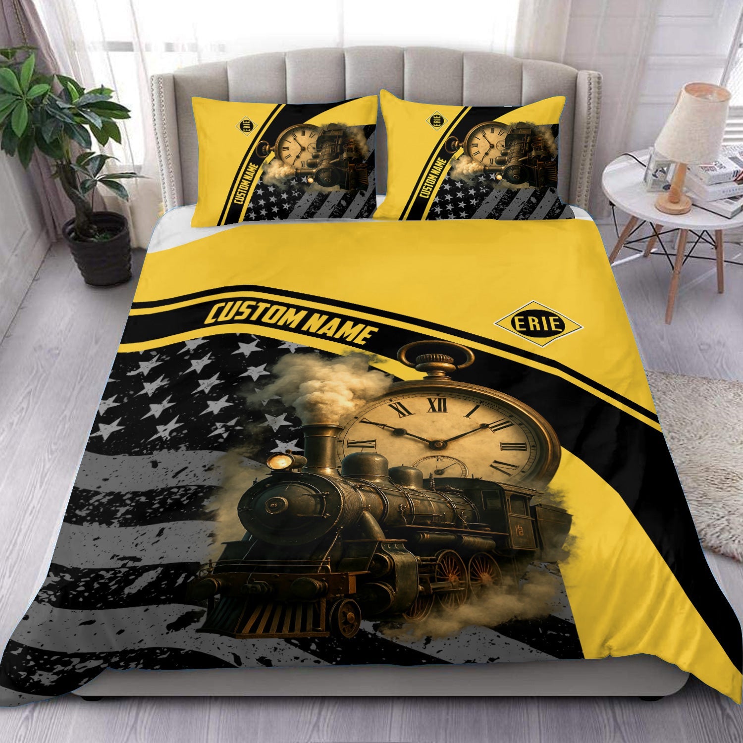 Railspirit Personalized Erie Railroad Bedding Set Classic Steam Engine With Retro Pocket Watch Bedding Set All Over Print