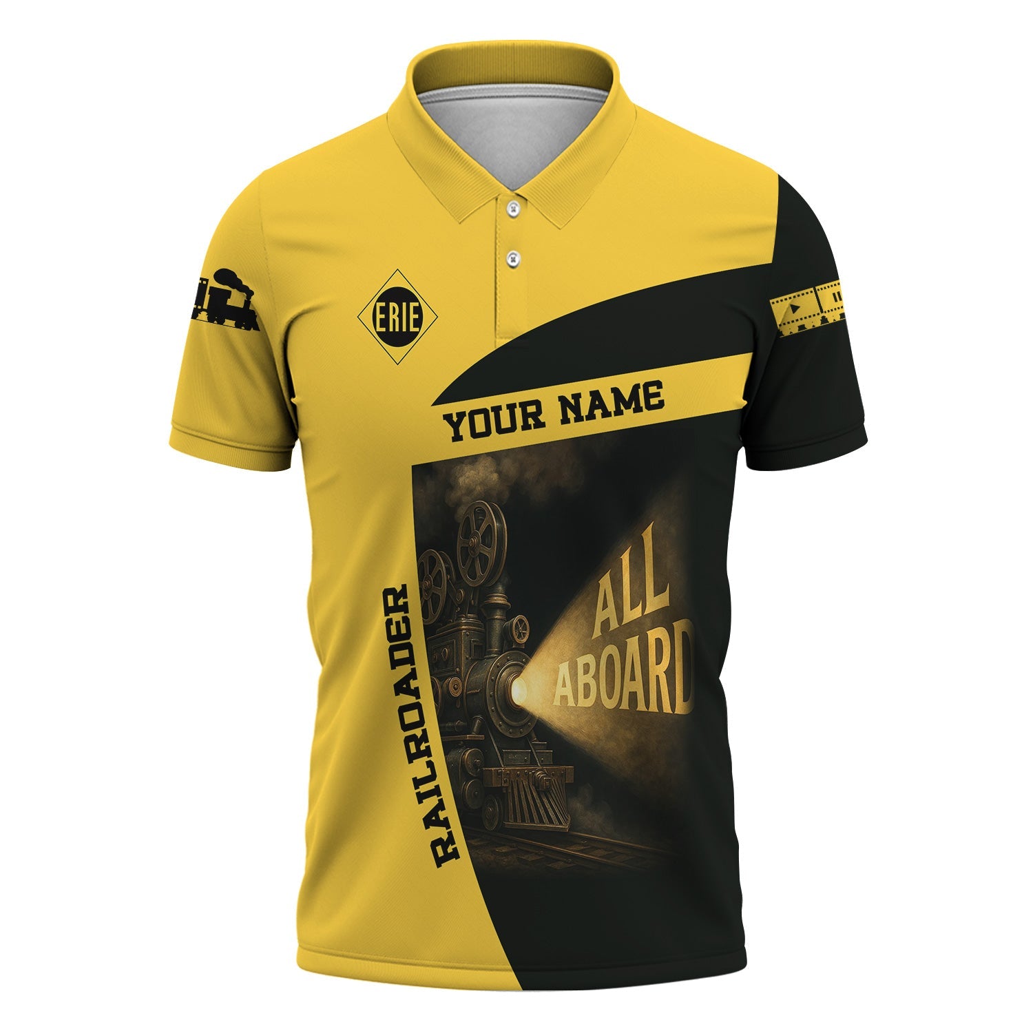 Railspirit Personalized Erie Railroad Polo Shirt All Aboard Steam Train Movie Projector Style Shirt