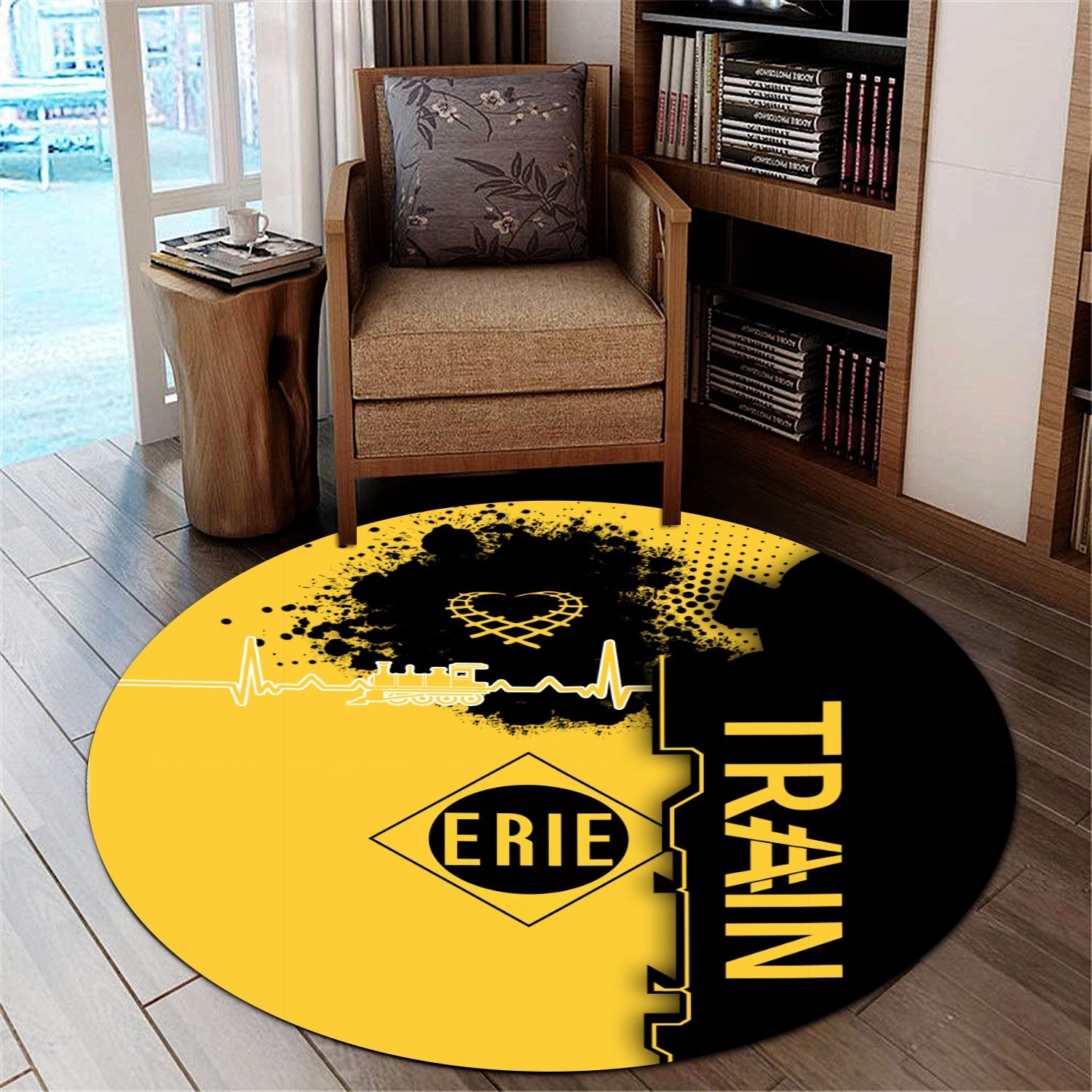 Railspirit Erie Railroad Round Mat Engine Heartbeat and Track Love Style Mat Gift Idea For Train Lovers