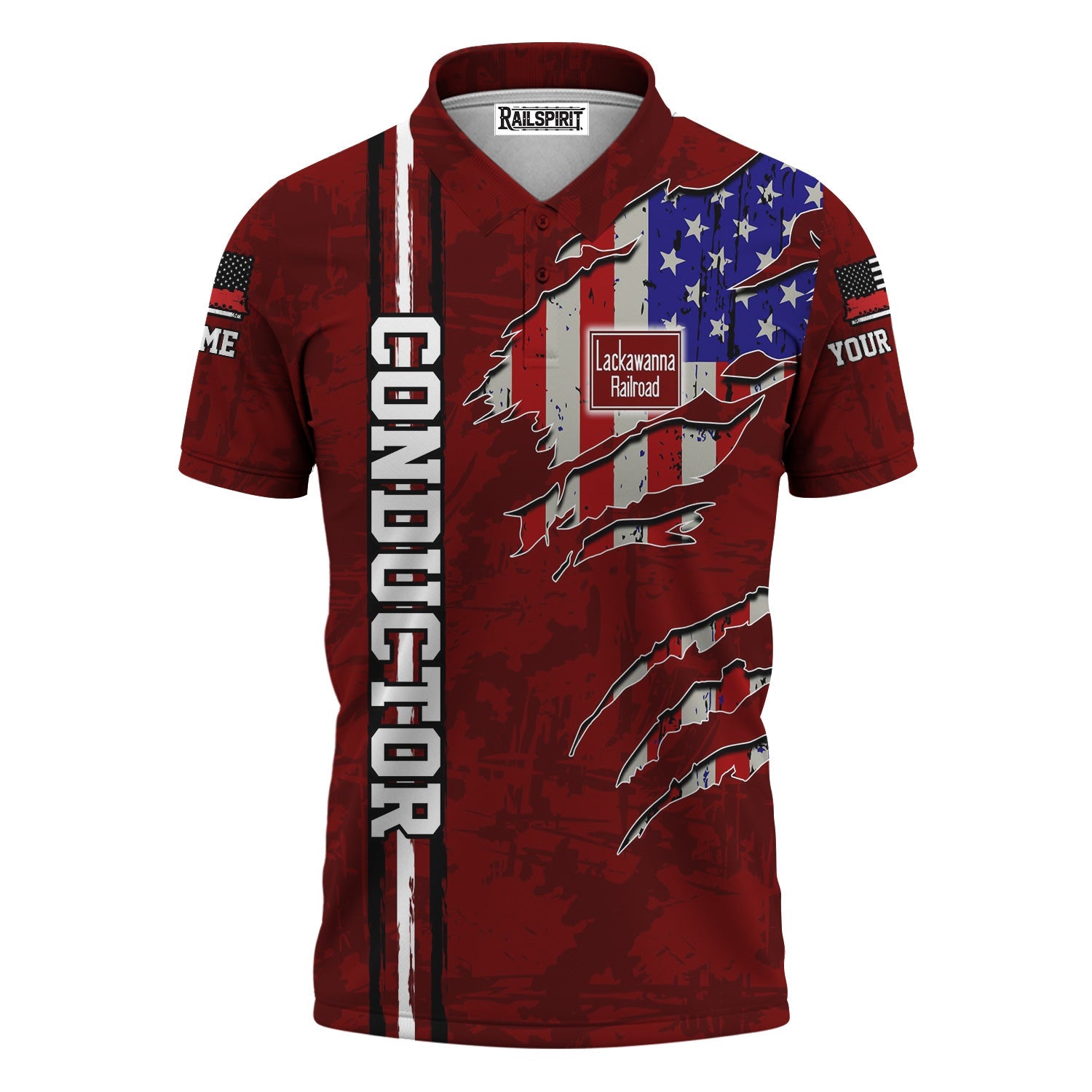 Railspirit Personalized Delaware, Lackawanna and Western Railroad Polo Shirt USA Flag Claw Art with Custom Job DL&W Train Shirt