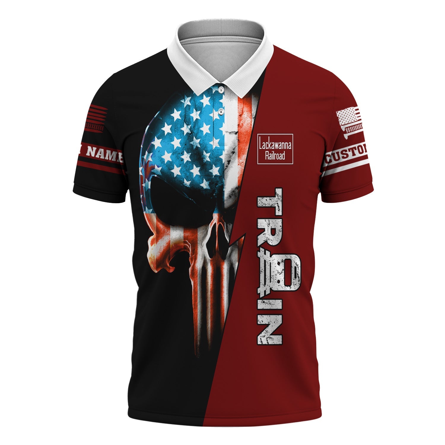 Railspirit Personalized Delaware, Lackawanna and Western Railroad Polo Shirt Train Skull American Flag DL&W Shirt All Over Print