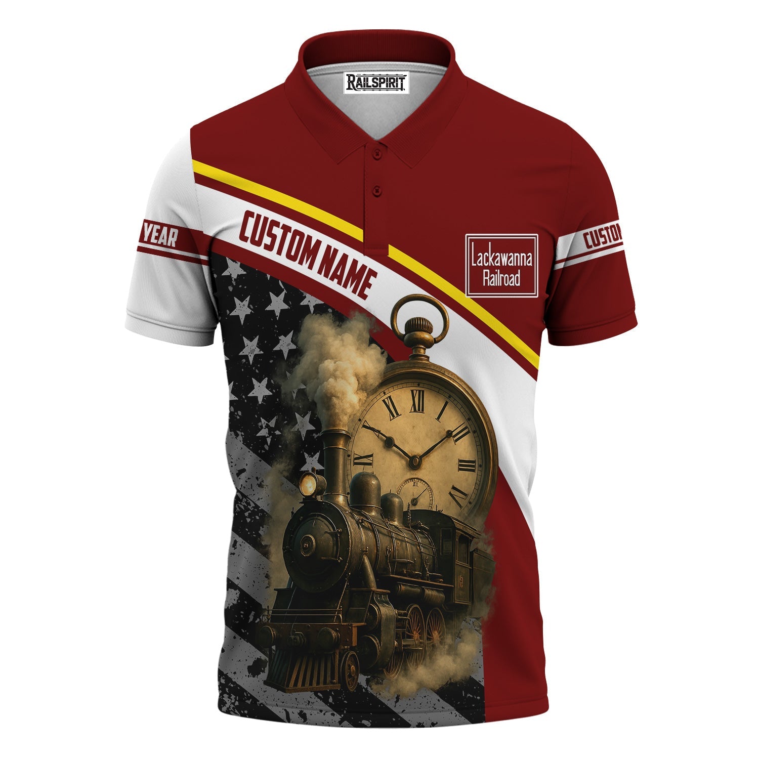 Railspirit Personalized Delaware, Lackawanna and Western Railroad Polo Shirt Classic Steam Engine With Retro Pocket Watch DL&W Shirt All Over Print