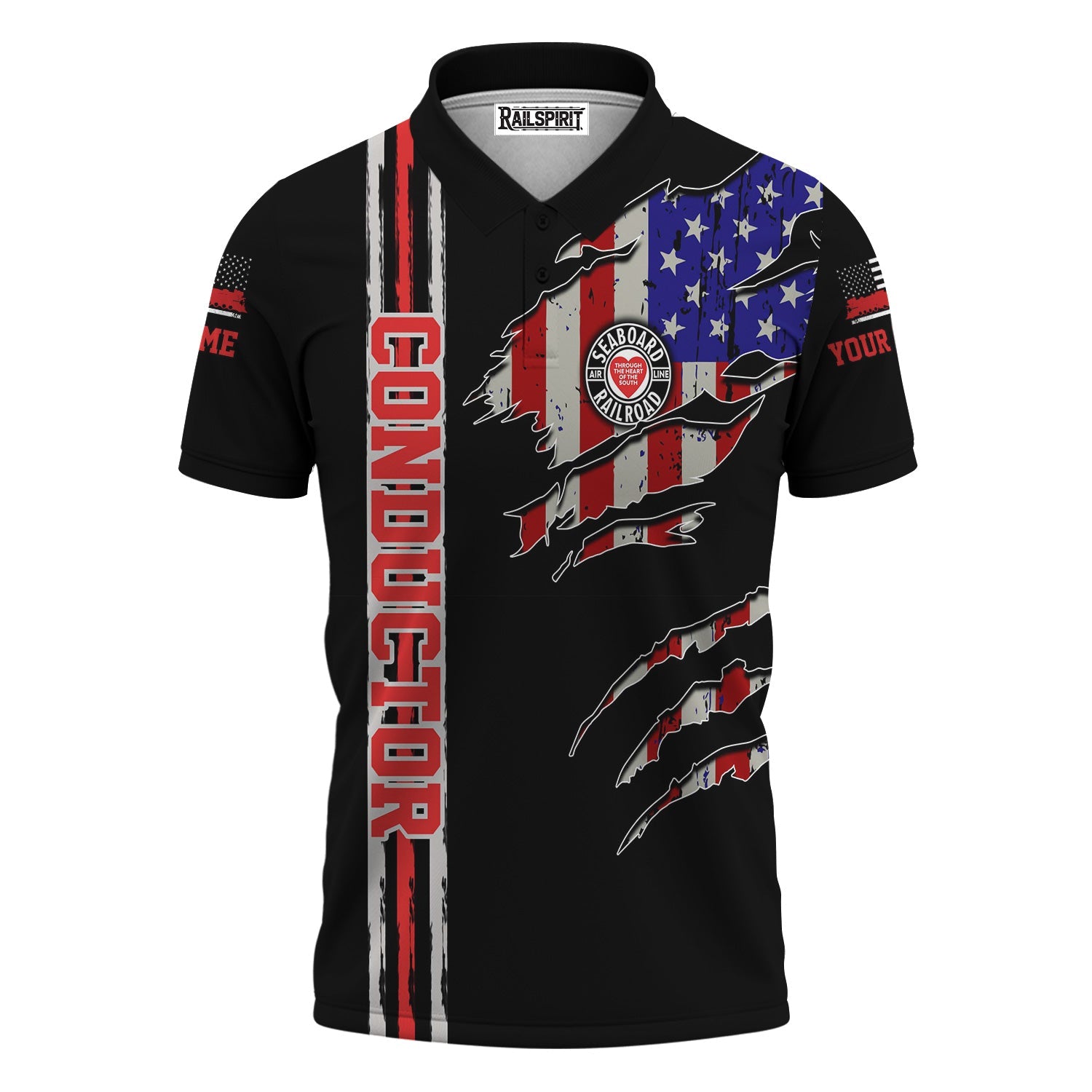 Railspirit Personalized Seaboard Air Line Railroad Polo Shirt USA Flag Claw Art with Custom Job Train Shirt