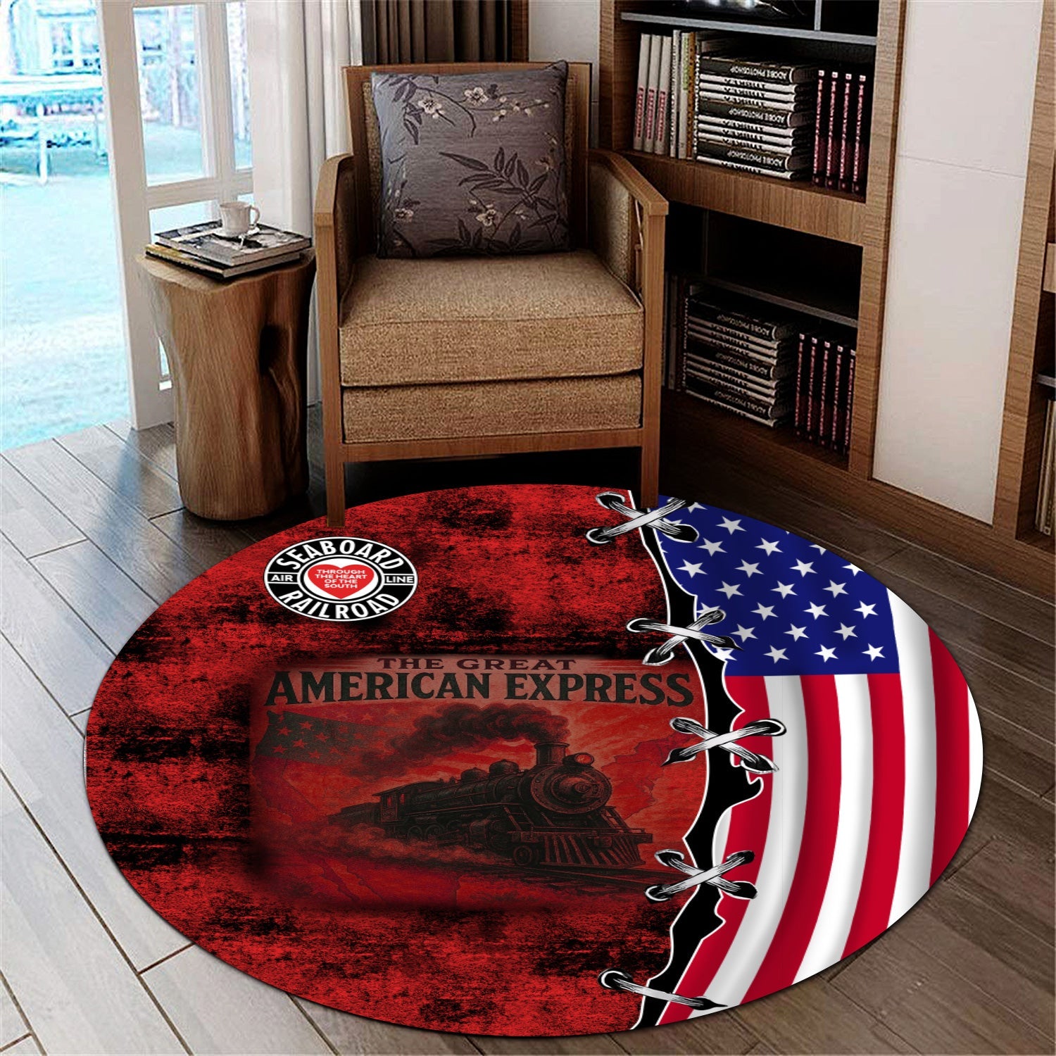 Railspirit Seaboard Air Line Railroad Round Mat Retro American Express Train With USA Flag Round Mat