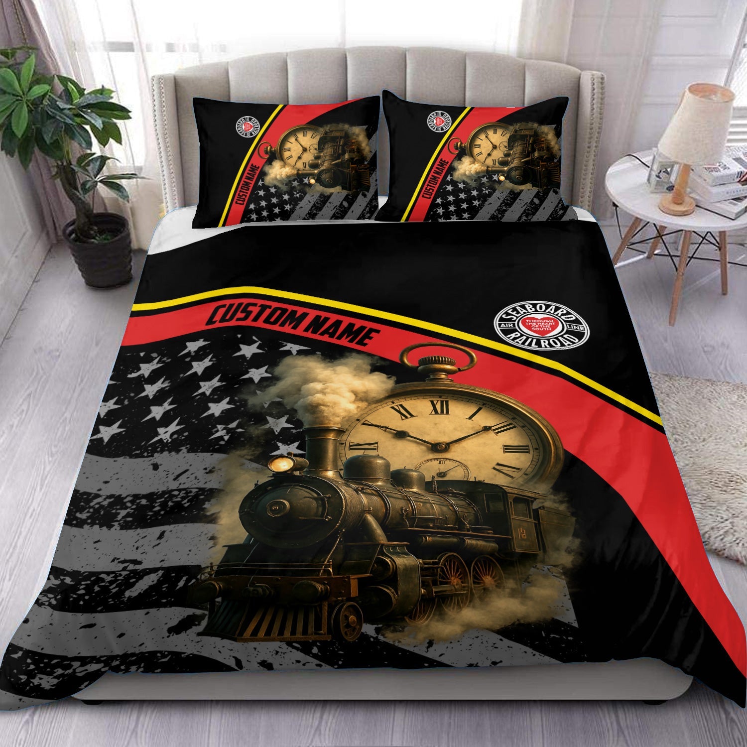 Railspirit Personalized Seaboard Air Line Railroad Bedding Set Classic Steam Engine With Retro Pocket Watch Bedding Set All Over Print
