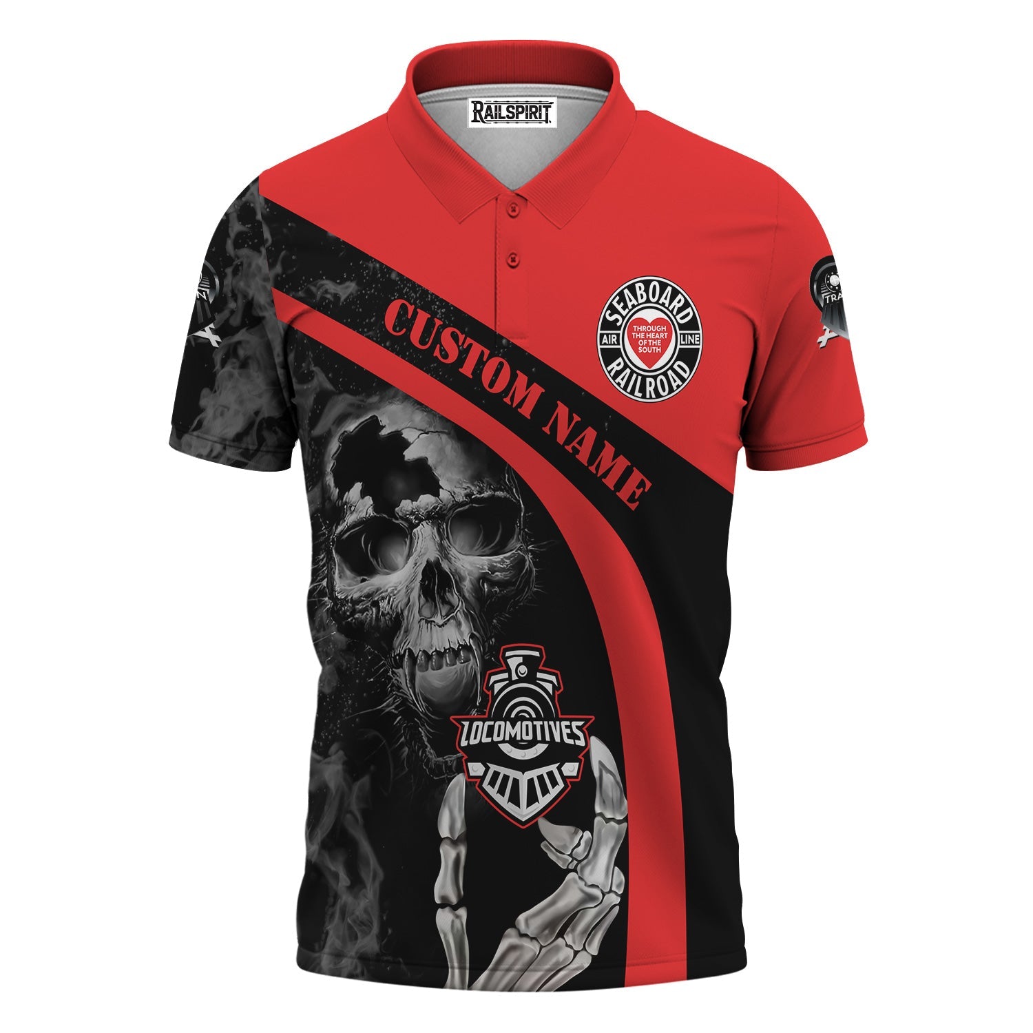 Railspirit Personalized Seaboard Air Line Railroad Polo Shirt Flame Skull Design Train Shirt for Locomotive Fans