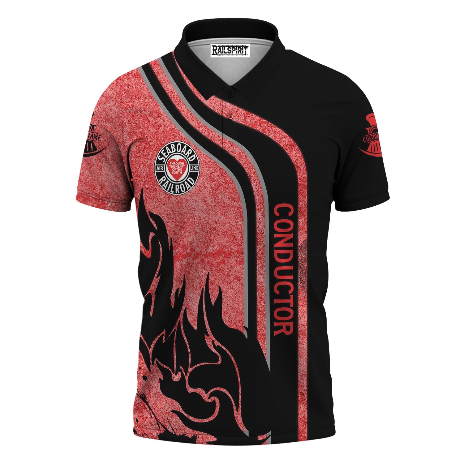 Railspirit Personalized Seaboard Air Line Railroad Polo Shirt Flame Design with Custom Job Position Train Shirt