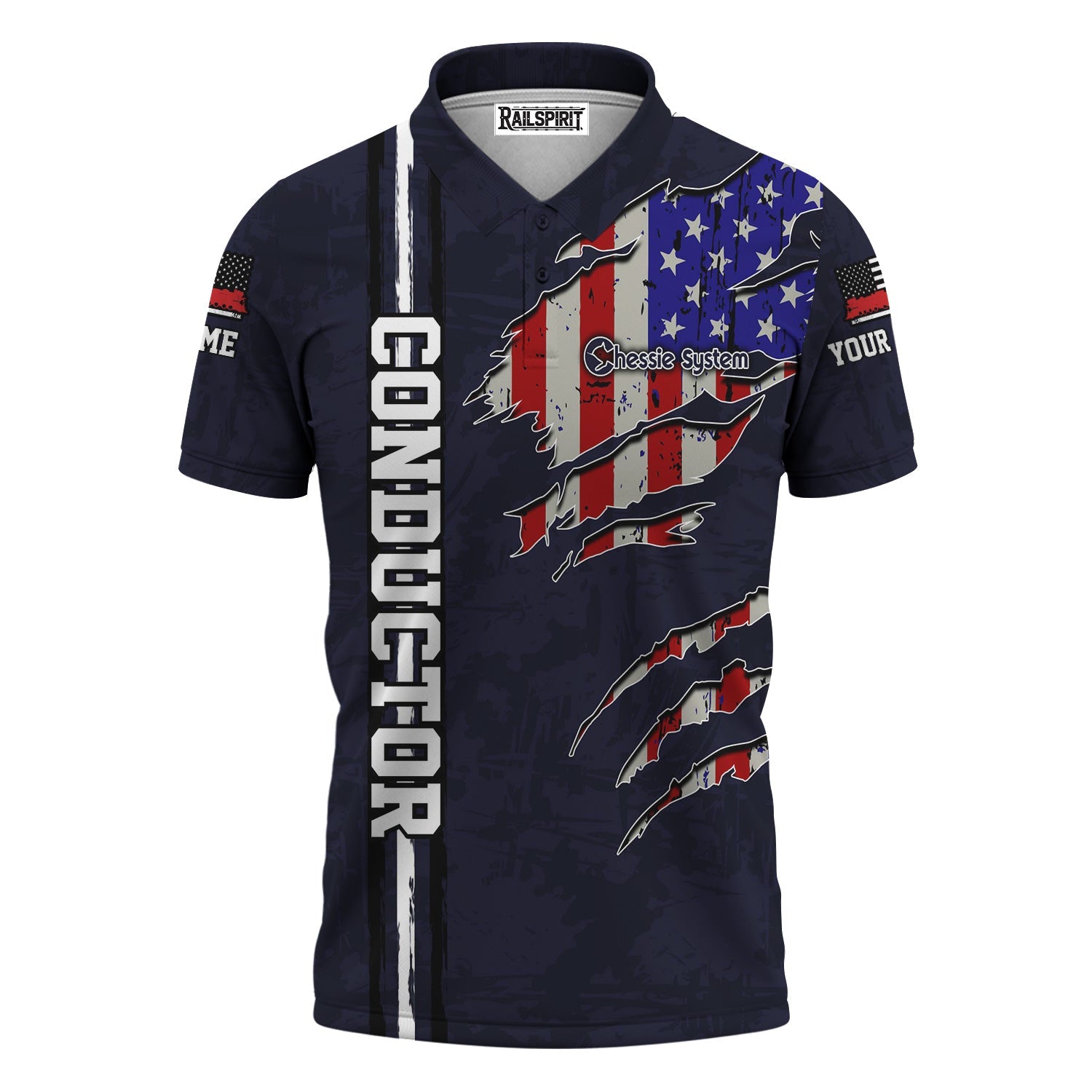 Railspirit Personalized Chessie System Railroad Polo Shirt USA Flag Claw Art with Custom Job Train Shirt