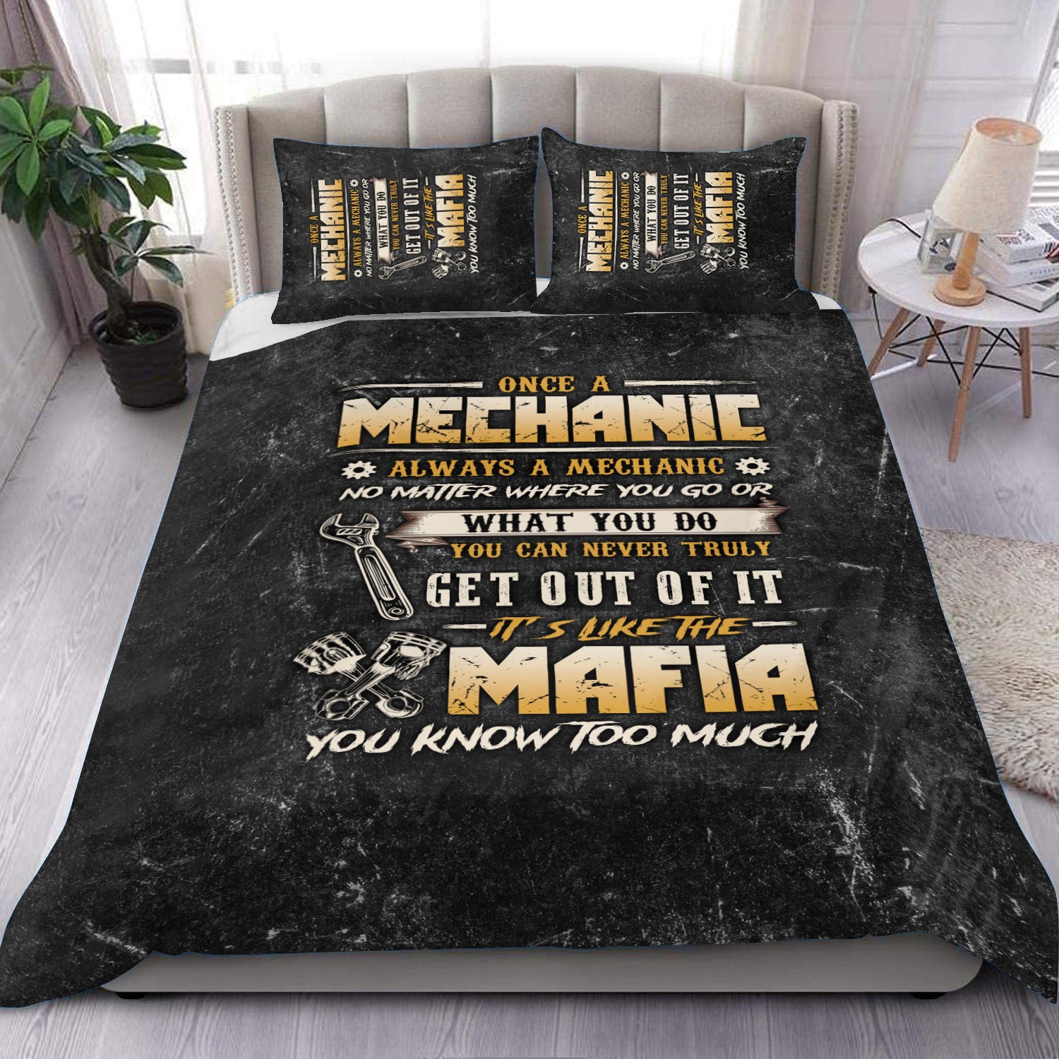 Once a Mechanic Always a Mechanic Bedding Set, Funny Mechanic Apparel, Car Repair Mafia Bedding Set for Mechanics