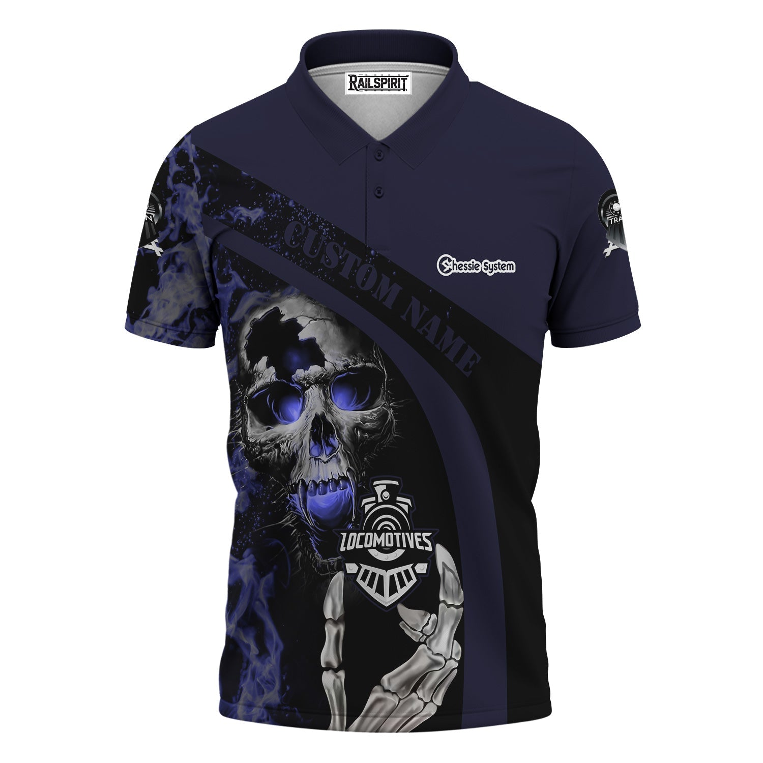 Railspirit Personalized Chessie System Railroad Polo Shirt Flame Skull Design Train Shirt for Locomotive Fans