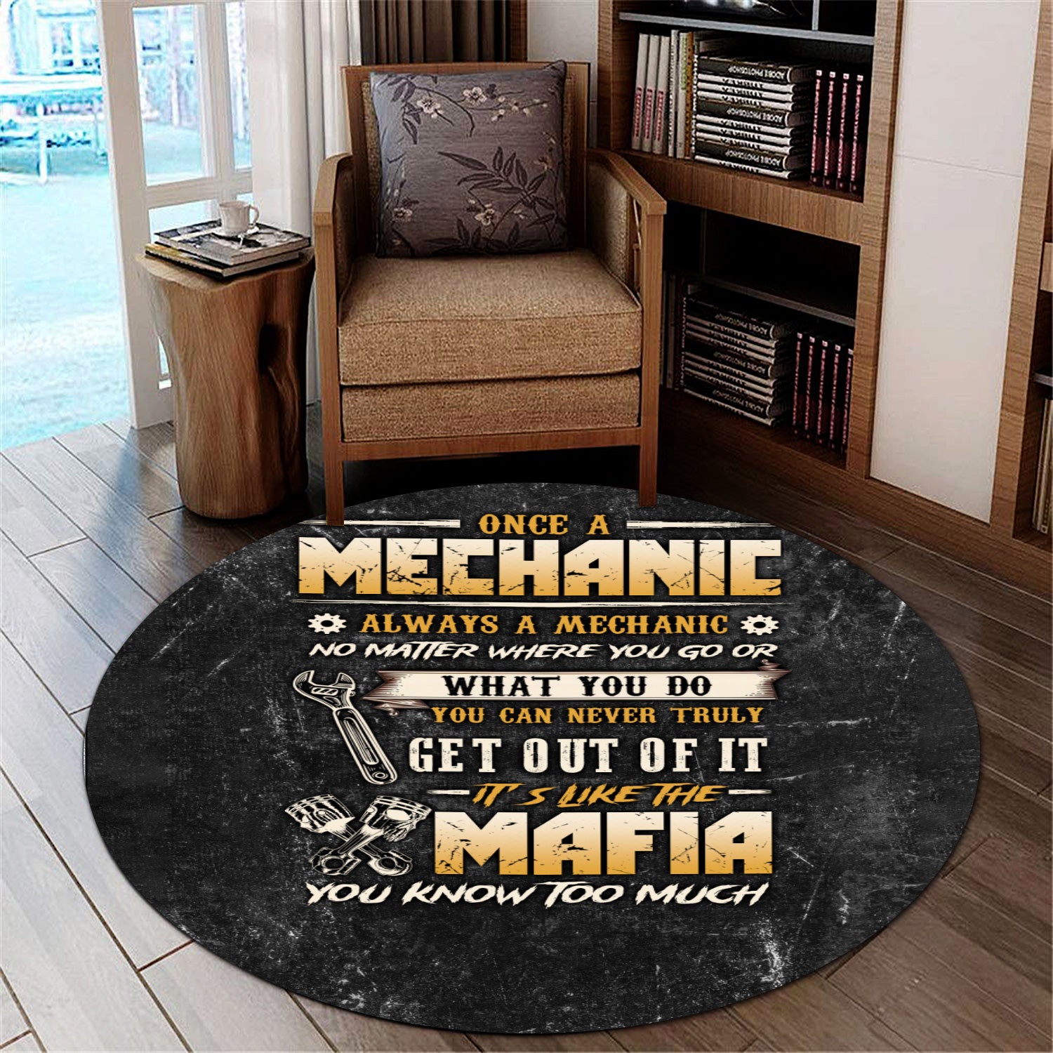 Once a Mechanic Always a Mechanic Round Mat, Funny Mechanic Apparel, Car Repair Mafia Rug for Mechanics, Rug Gift for Auto Technicians