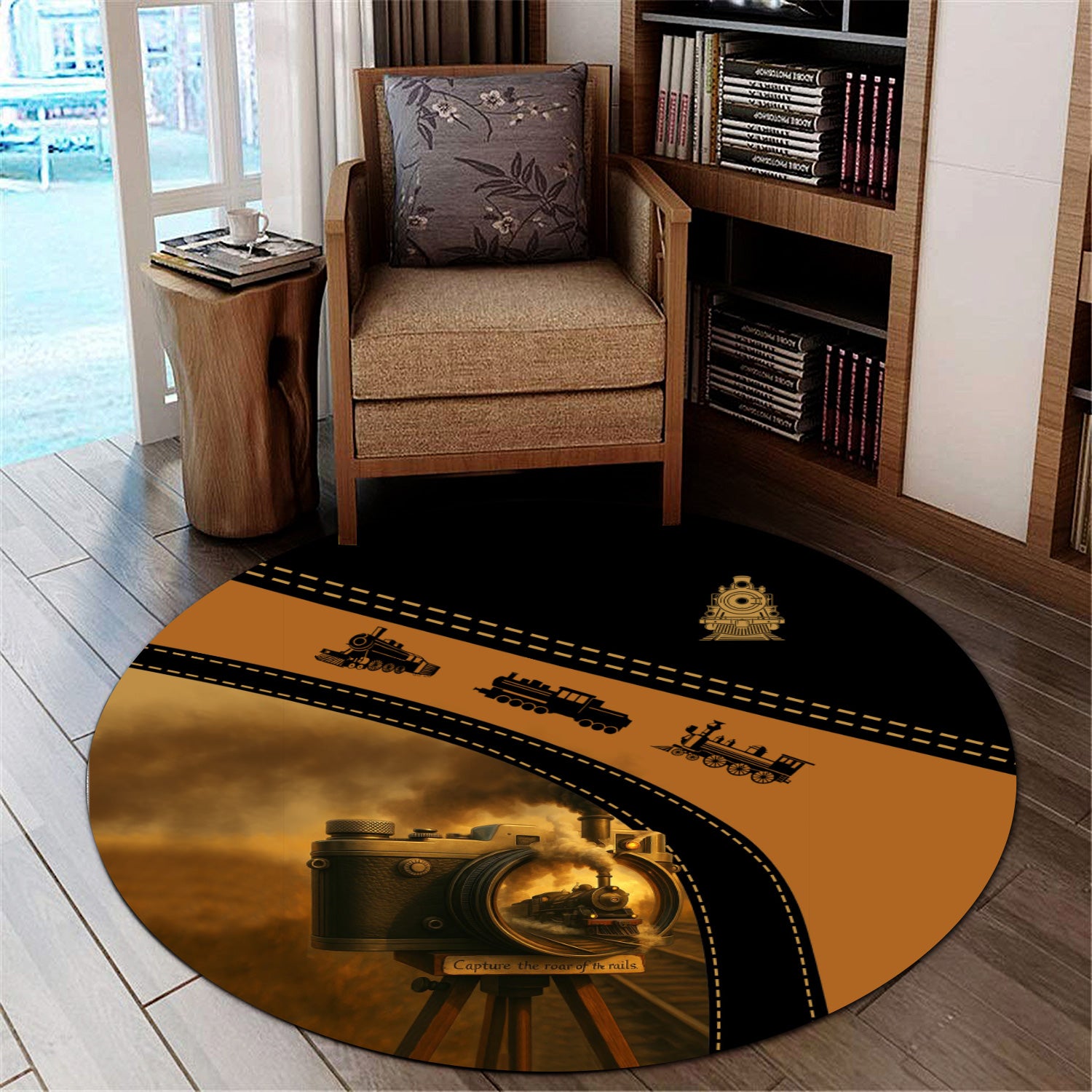 Railspirit Round Mat Vintage Camera Capture the Roar of the Rails Train Mat for Train Enthusiast