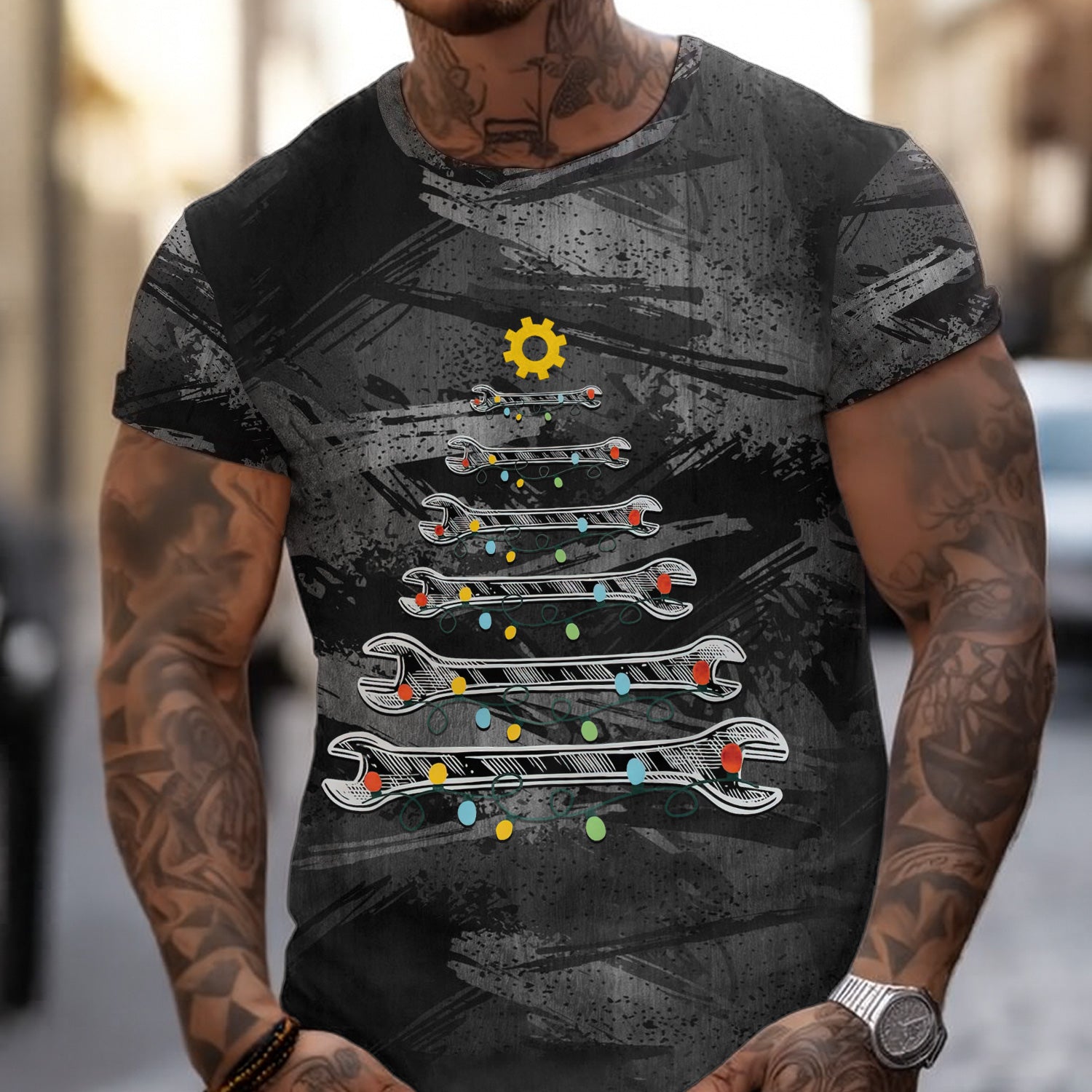 Mechanic Christmas T-Shirt, Wrench Christmas Tree Graphic Tee with Tools & Holiday Lights, Perfect Xmas Gift for Auto Techs and Mechanics
