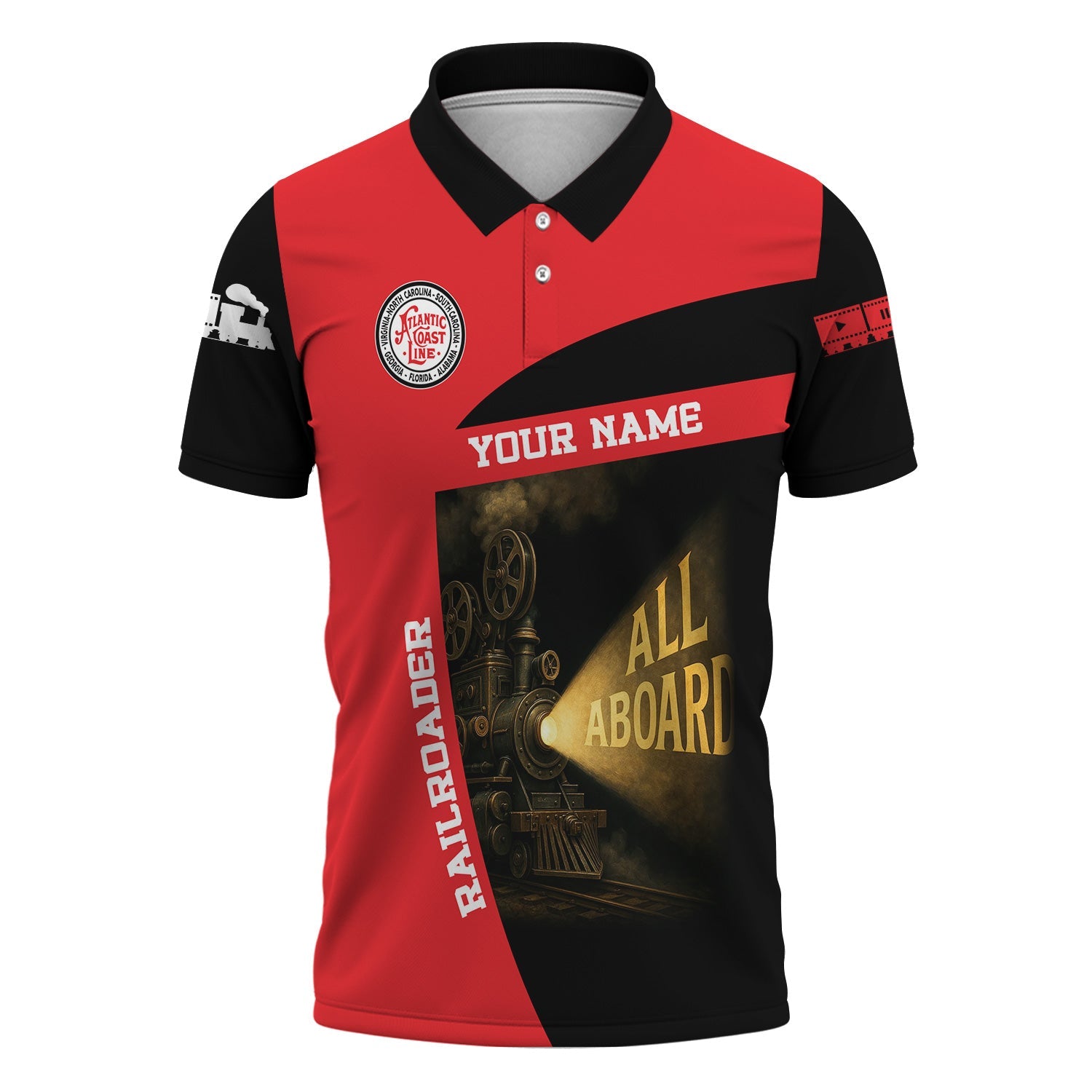 Railspirit Personalized Atlantic Coast Line Railroad Polo Shirt All Aboard Steam Train Movie Projector Style Shirt