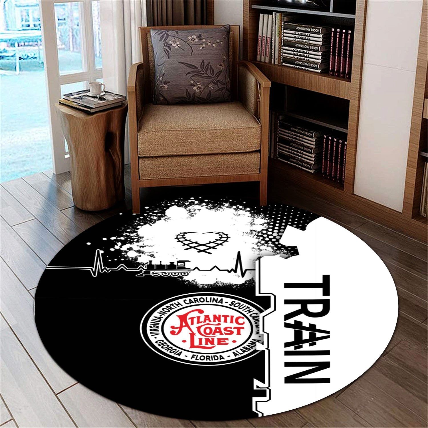 Railspirit Atlantic Coast Line Railroad Round Mat Engine Heartbeat and Track Love Style Mat Gift Idea For Train Lovers