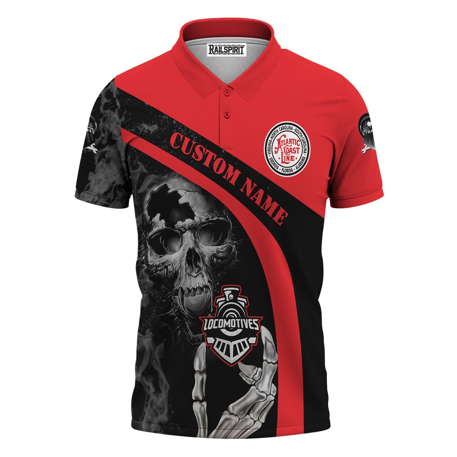 Railspirit Personalized Atlantic Coast Line Railroad Polo Shirt Flame Skull Design Train Shirt for Locomotive Fans