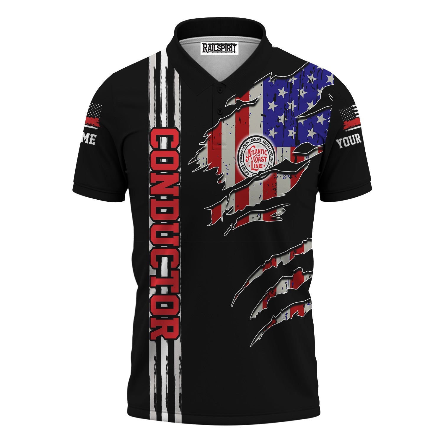 Railspirit Personalized Atlantic Coast Line Railroad Polo Shirt USA Flag Claw Art with Custom Job Train Shirt