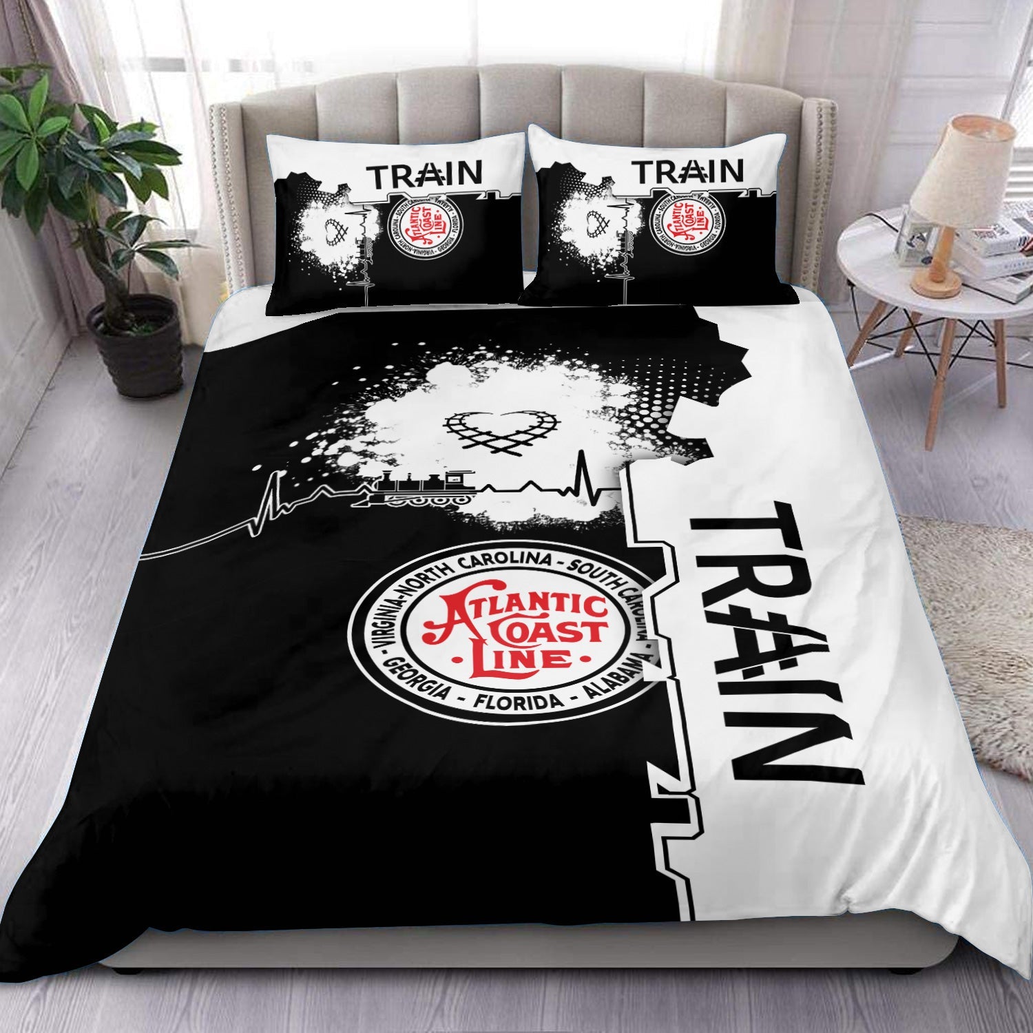 Railspirit Atlantic Coast Line Railroad Bedding Set Engine Heartbeat and Track Love Style Bedding Set Gift Idea For Train Lovers