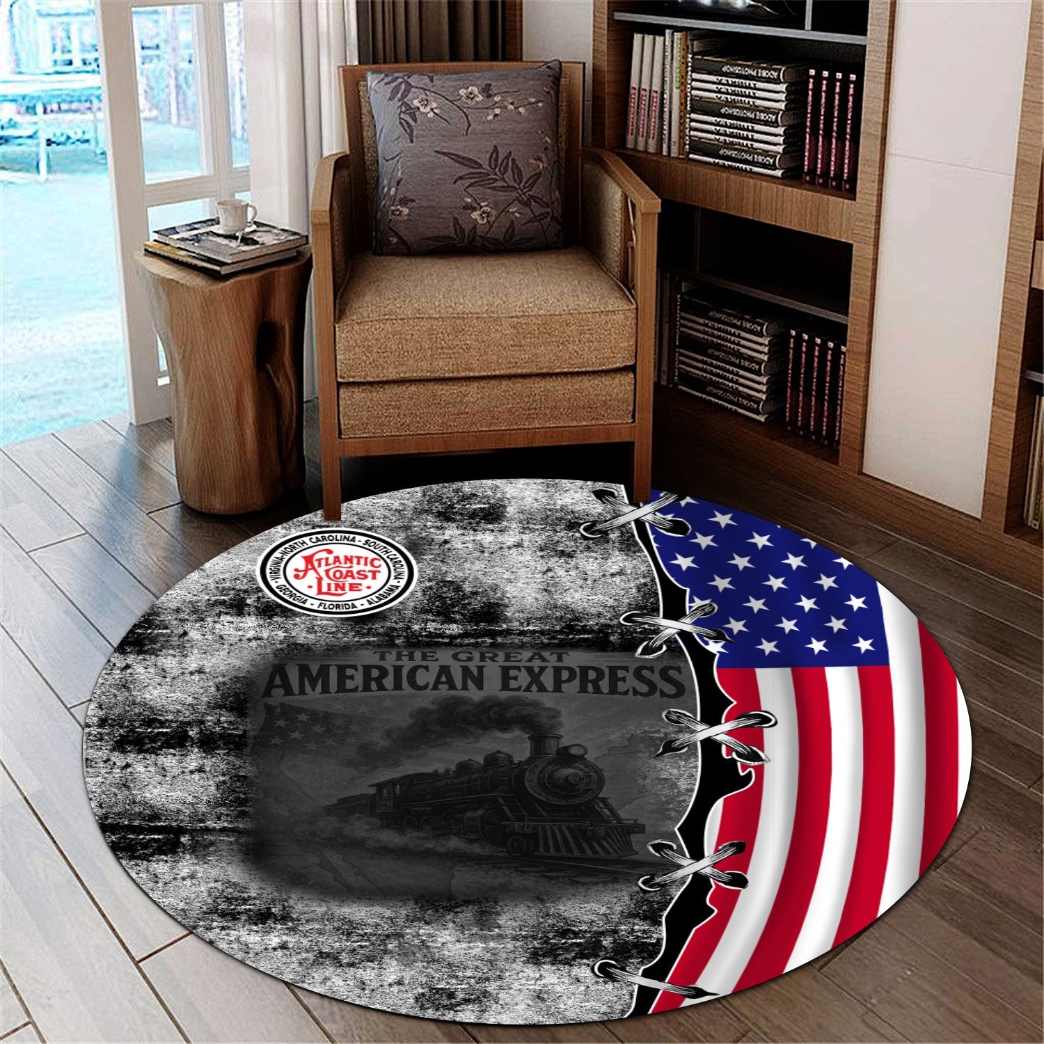 Railspirit Atlantic Coast Line Railroad Round Mat Retro American Express Train With USA Flag Round Mat