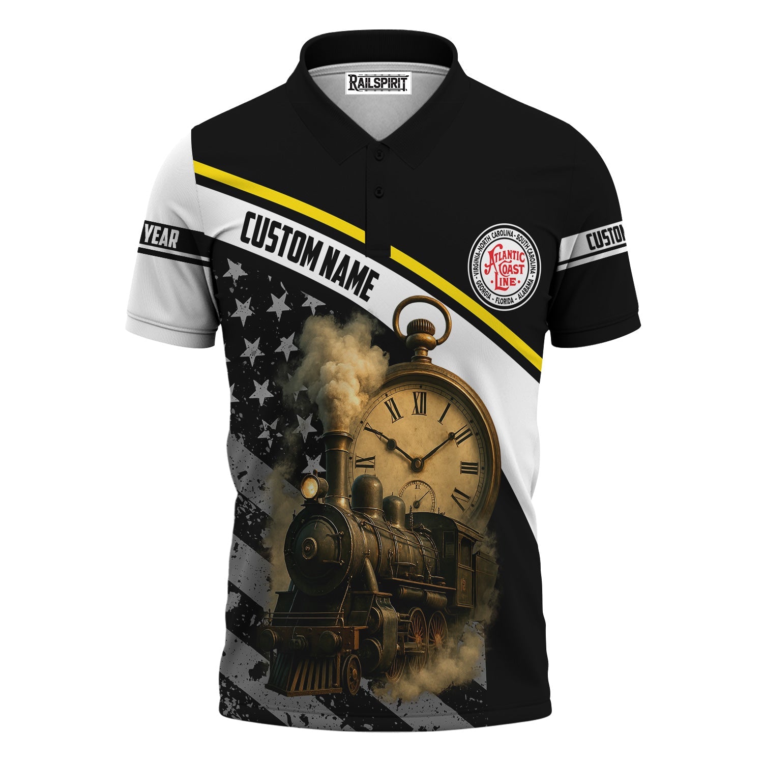 Railspirit Personalized Atlantic Coast Line Railroad Polo Shirt Classic Steam Engine With Retro Pocket Watch Shirt All Over Print