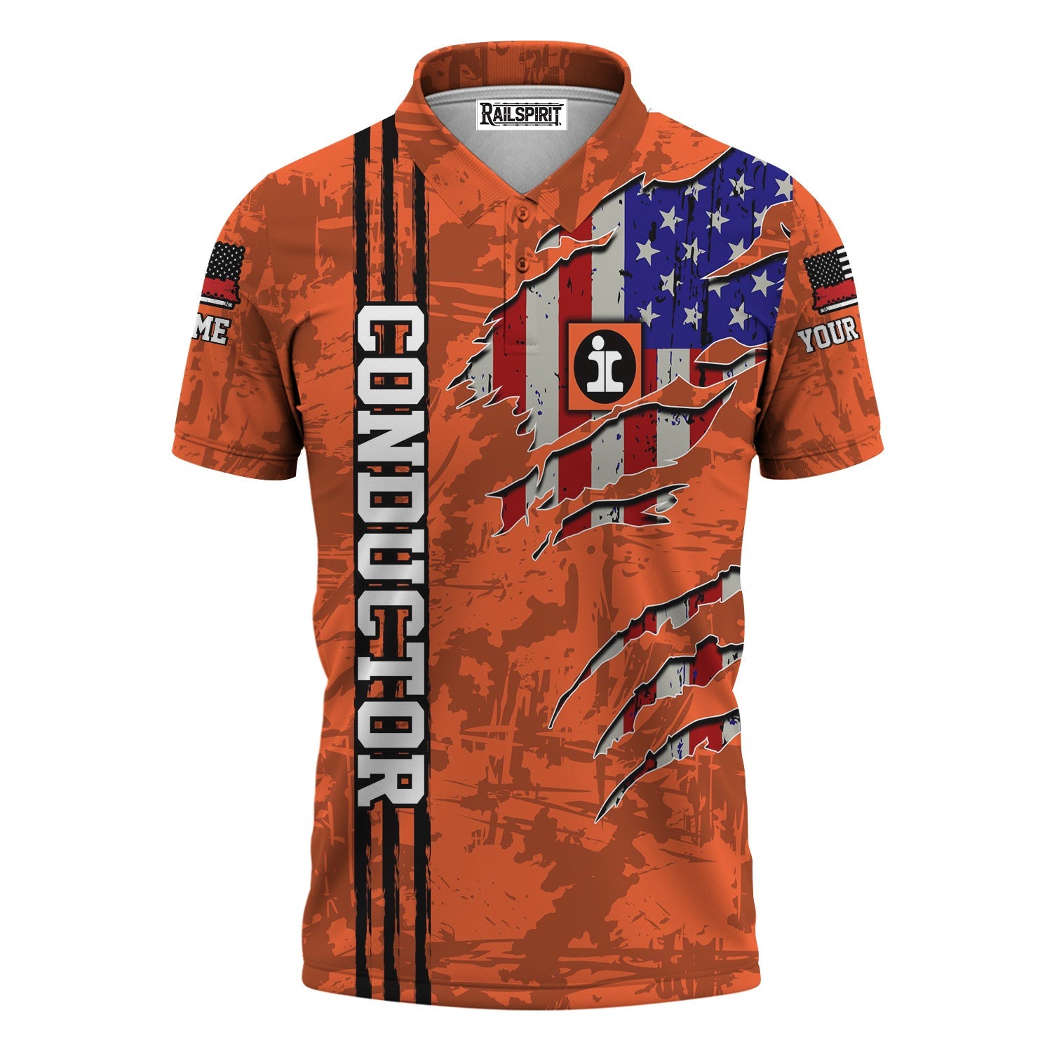 Railspirit Personalized Illinois Central Railroad Polo Shirt USA Flag Claw Art with Custom Job Train Shirt