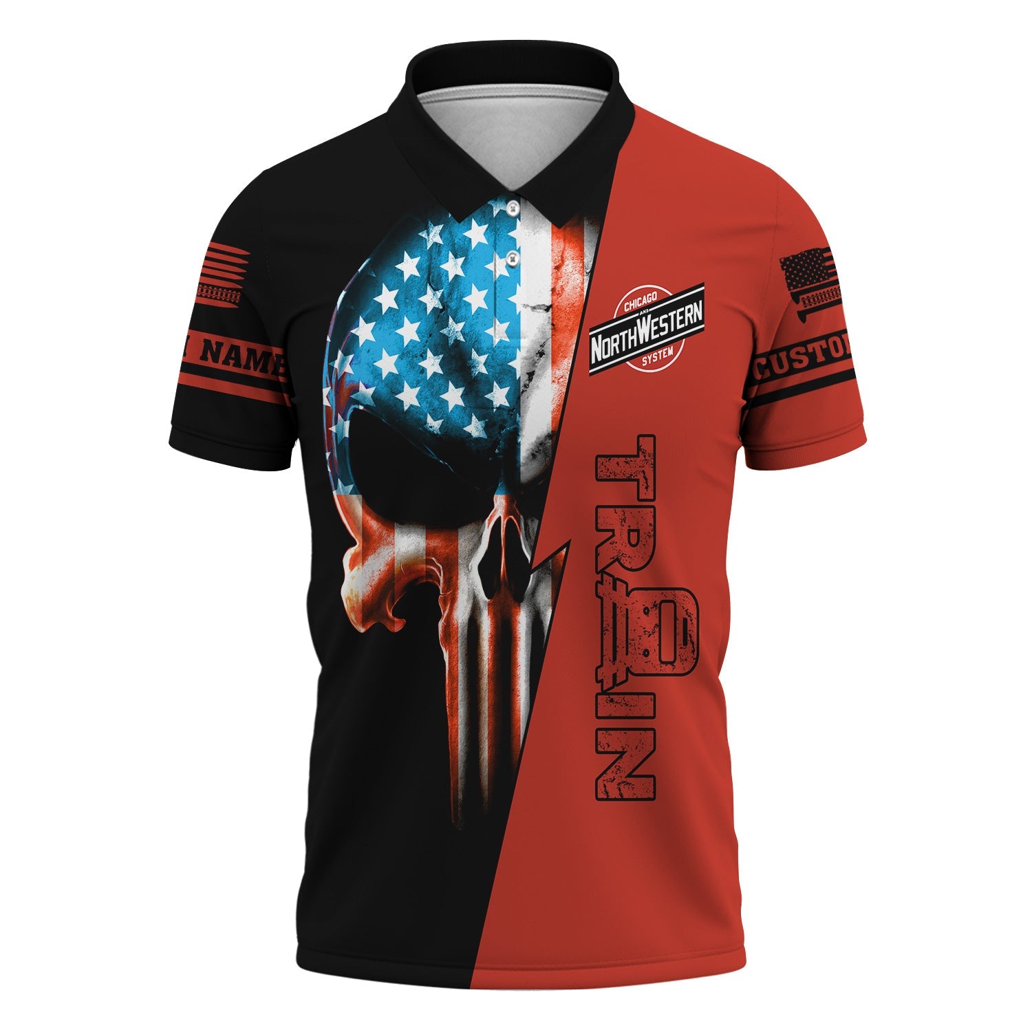 Railspirit Personalized Chicago and North Western Railway Polo Shirt Train Skull American Flag Shirt All Over Print