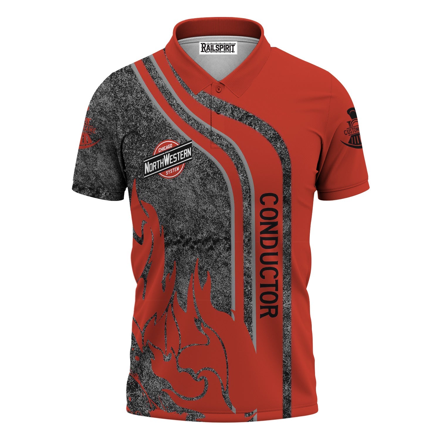 Railspirit Personalized Chicago and North Western Railway Polo Shirt Flame Design with Custom Job Position Train Shirt