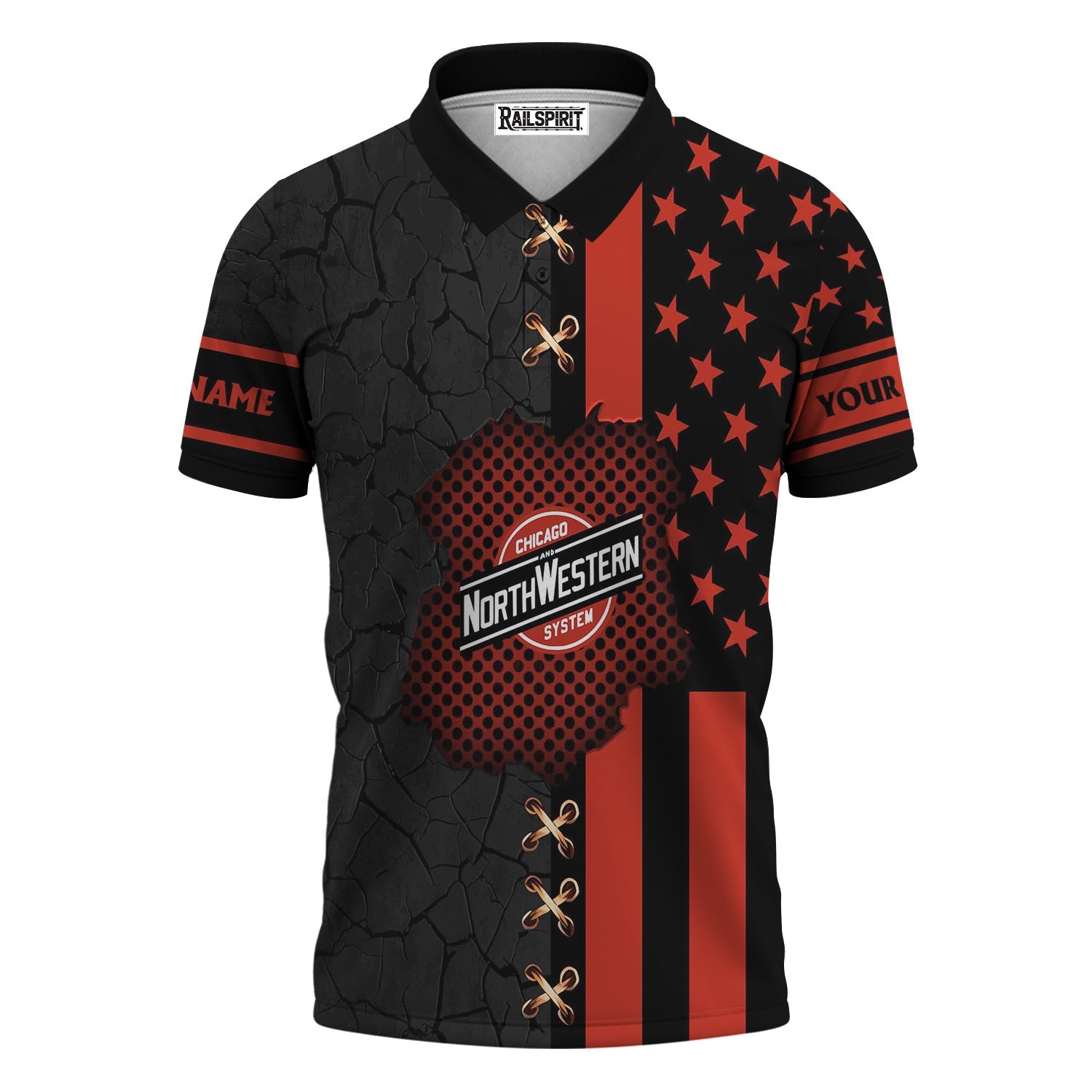Railspirit Personalized Chicago and North Western Railway Polo Shirt American Flag with Crack Effect Train Shirt
