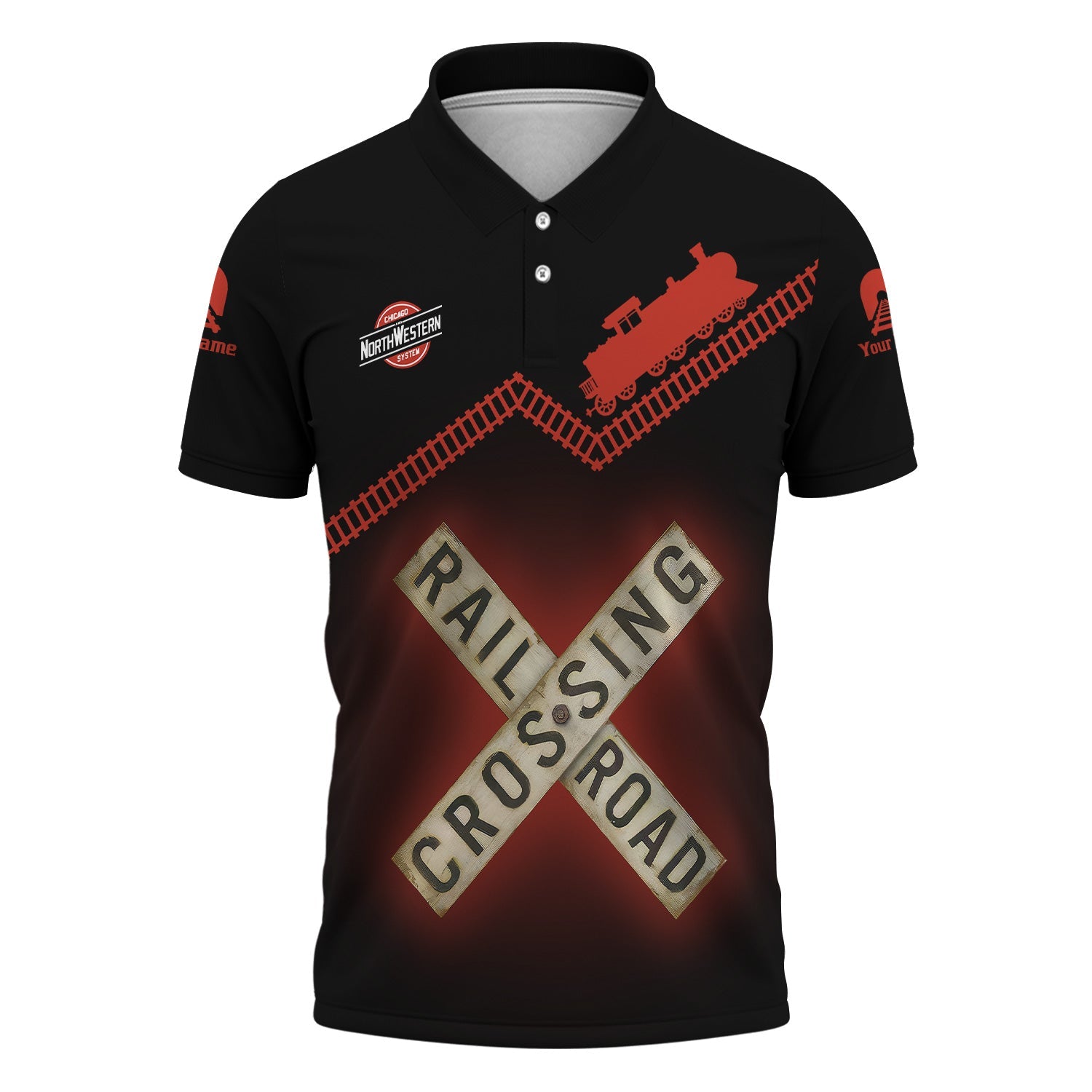 Railspirit Personalized Chicago and North Western Railway Polo Shirt Railroad Crossing Printed Train Track Shirt
