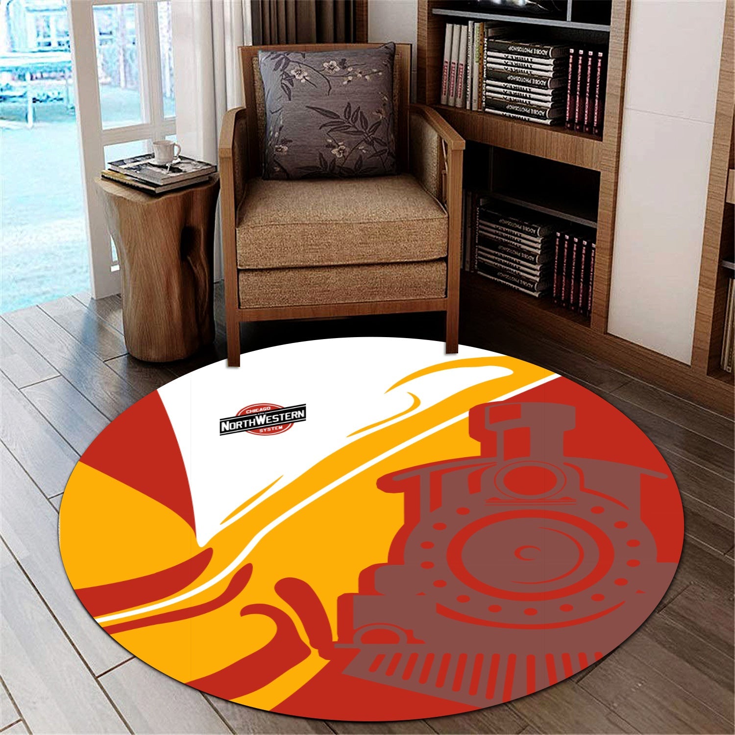 Railspirit Chicago and North Western Railway Round Mat Flame-Inspired Style Mat Gift Idea For Train Lovers