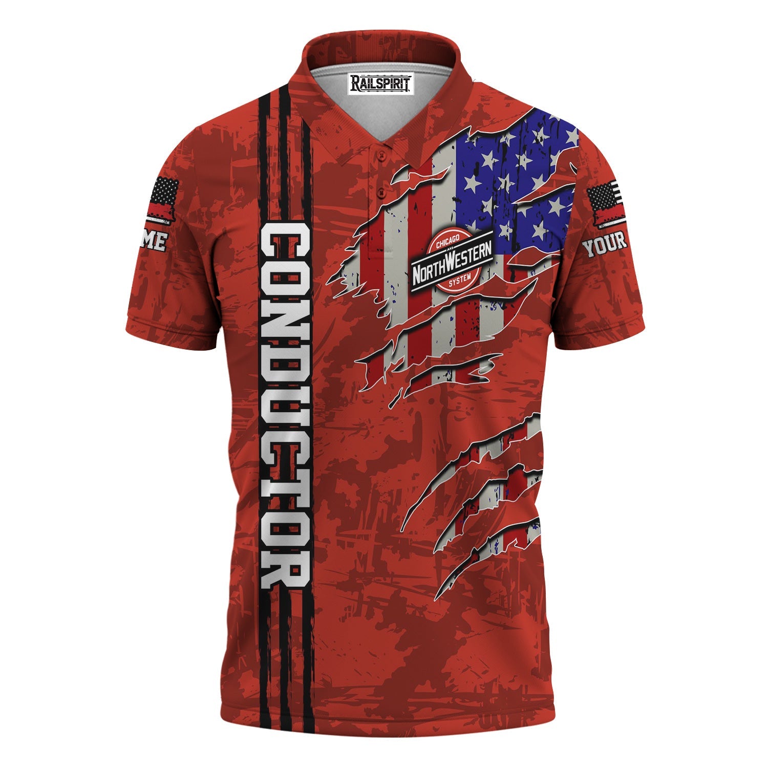 Railspirit Personalized Chicago and North Western Railway Polo Shirt USA Flag Claw Art with Custom Job Train Shirt