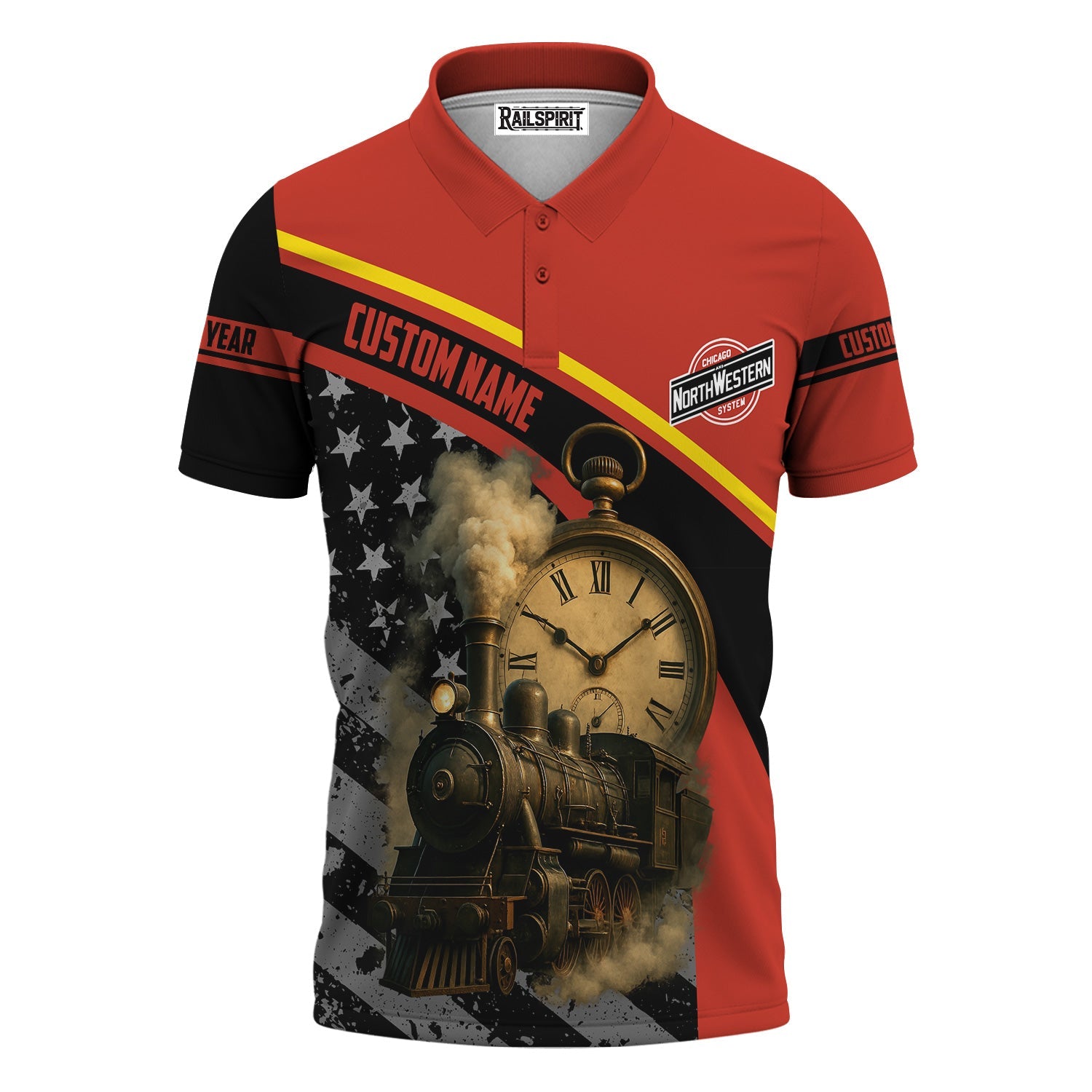 Railspirit Personalized Chicago and North Western Railway Polo Shirt Classic Steam Engine With Retro Pocket Watch Shirt All Over Print