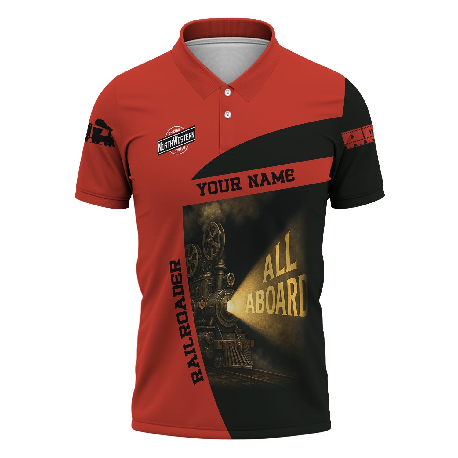 Railspirit Personalized Chicago and North Western Railway Polo Shirt All Aboard Steam Train Movie Projector Style Shirt