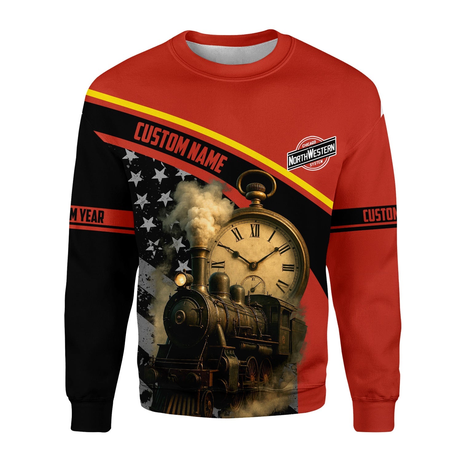 Railspirit Personalized Chicago and North Western Railway Sweatshirt Classic Steam Engine With Retro Pocket Watch Shirt All Over Print