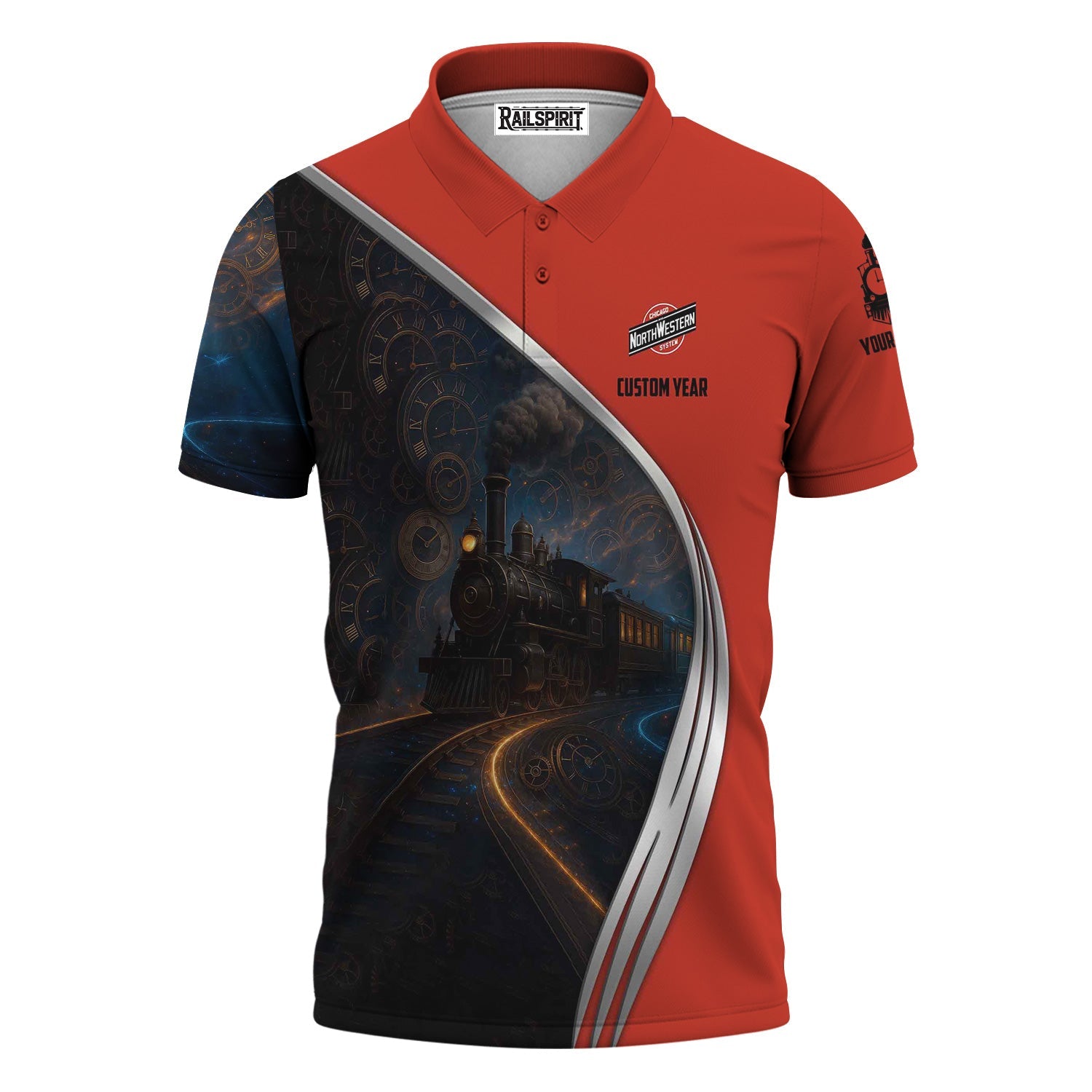 Railspirit Personalized Chicago and North Western Railway Polo Shirt Steampunk Locomotive with Custom Year Train Shirt