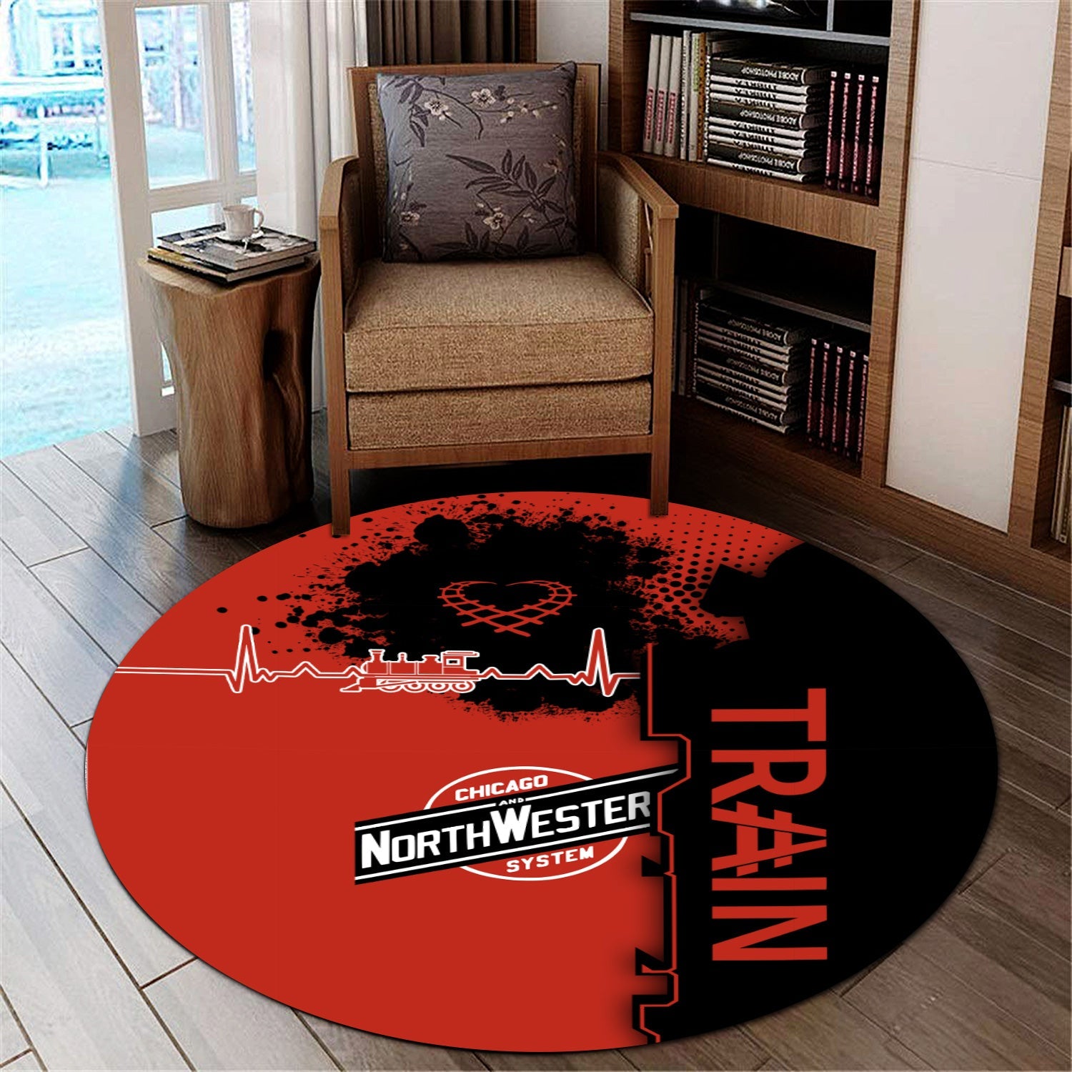 Railspirit Chicago and North Western Railway Round Mat Engine Heartbeat and Track Love Style Mat Gift Idea For Train Lovers
