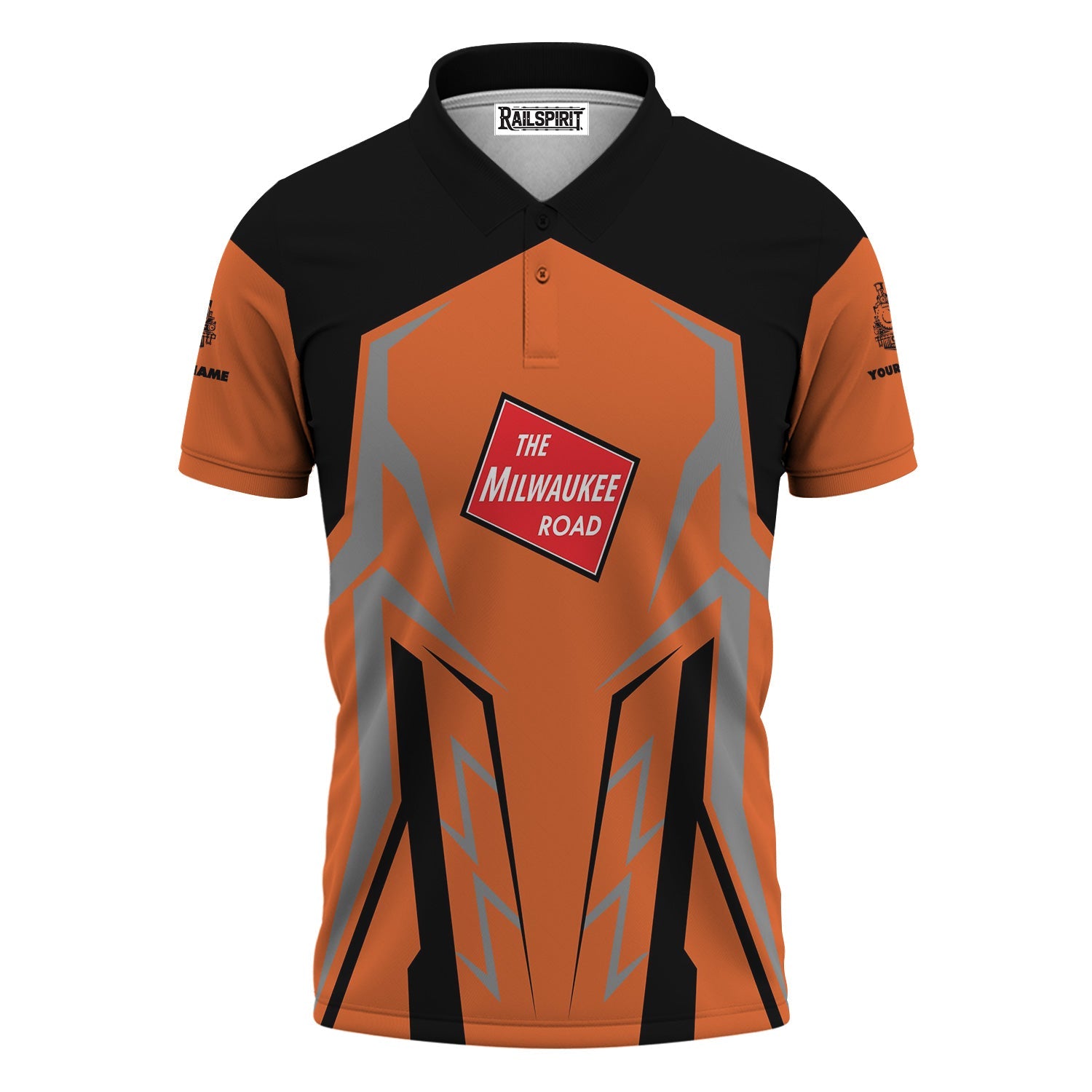 Railspirit Personalized Chicago, Milwaukee, St. Paul and Pacific Railroad Polo Shirt Futuristic Design with Custom Job Milwaukee Road Train Shirt