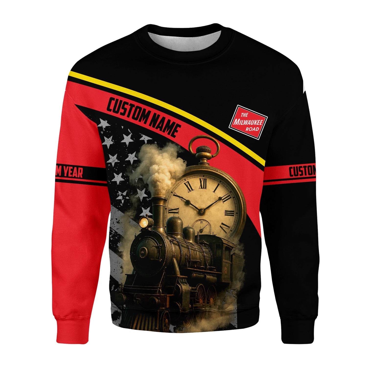 Railspirit Personalized Chicago, Milwaukee, St.Paul and Pacific Railroad Sweatshirt Classic Steam Engine With Retro Pocket Watch Milwaukee Road Shirt