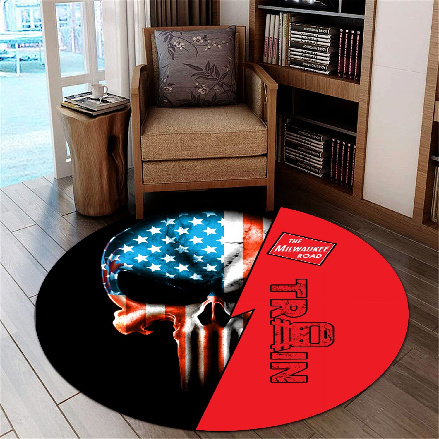 Railspirit Chicago, Milwaukee, St. Paul and Pacific Railroad Round Mat Train Skull American Flag Style Milwaukee Road Mat All Over Print
