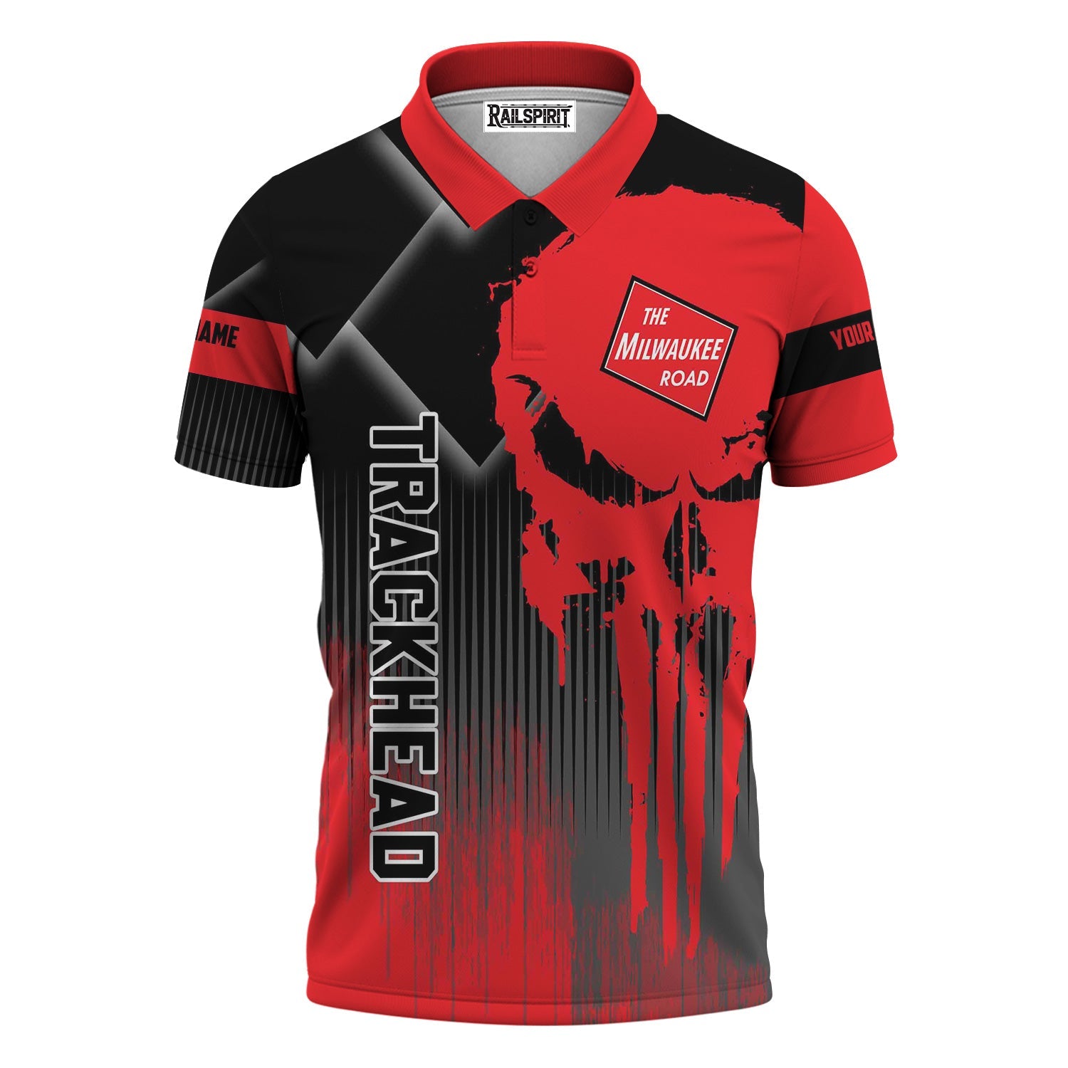 Railspirit Personalized Chicago, Milwaukee, St. Paul and Pacific Railroad Polo Shirt Skull Design with Custom Job Milwaukee Road Train Shirt