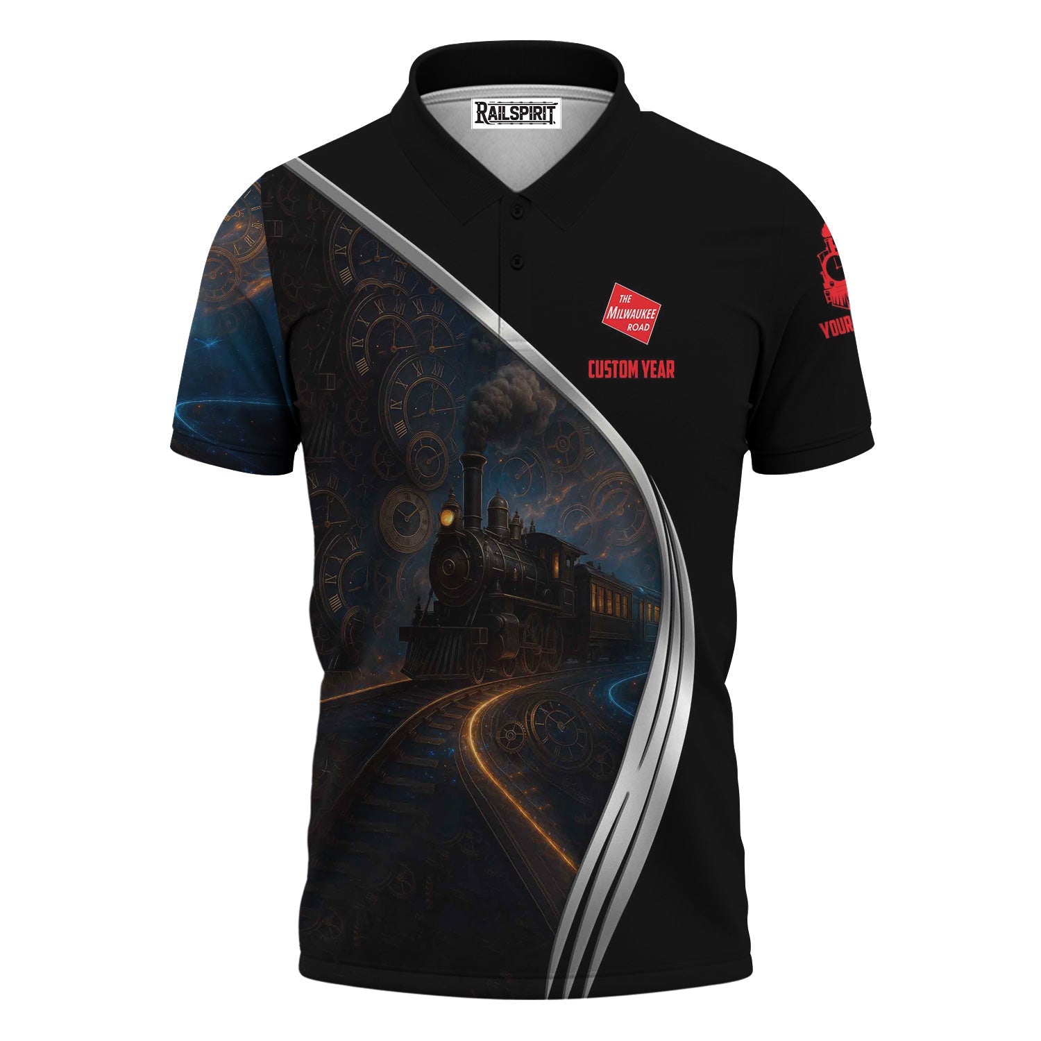 Railspirit Personalized Chicago, Milwaukee, St. Paul and Pacific Railroad Polo Shirt Steampunk Locomotive with Custom Year Milwaukee Road Train Shirt