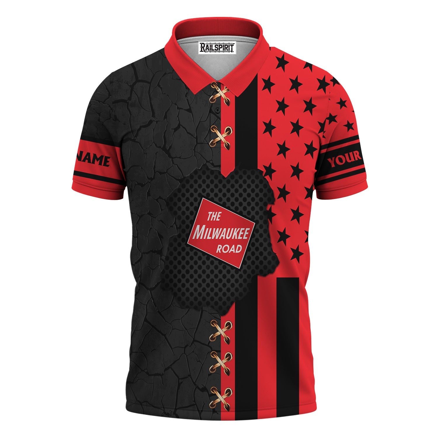 Railspirit Personalized Chicago, Milwaukee, St. Paul and Pacific Railroad Polo Shirt American Flag with Crack Effect Milwaukee Road Train Shirt