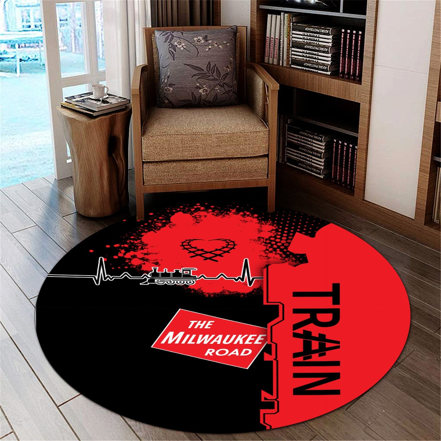 Railspirit Chicago, Milwaukee, St. Paul and Pacific Railroad Round Mat Engine Heartbeat and Track Love Style Milwaukee Road Mat Gift For Train Lovers