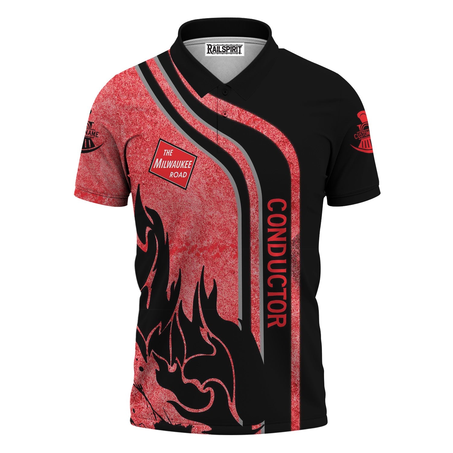 Railspirit Personalized Chicago, Milwaukee, St. Paul and Pacific Railroad Polo Shirt Flame Design with Custom Job Position Milwaukee Road Train Shirt