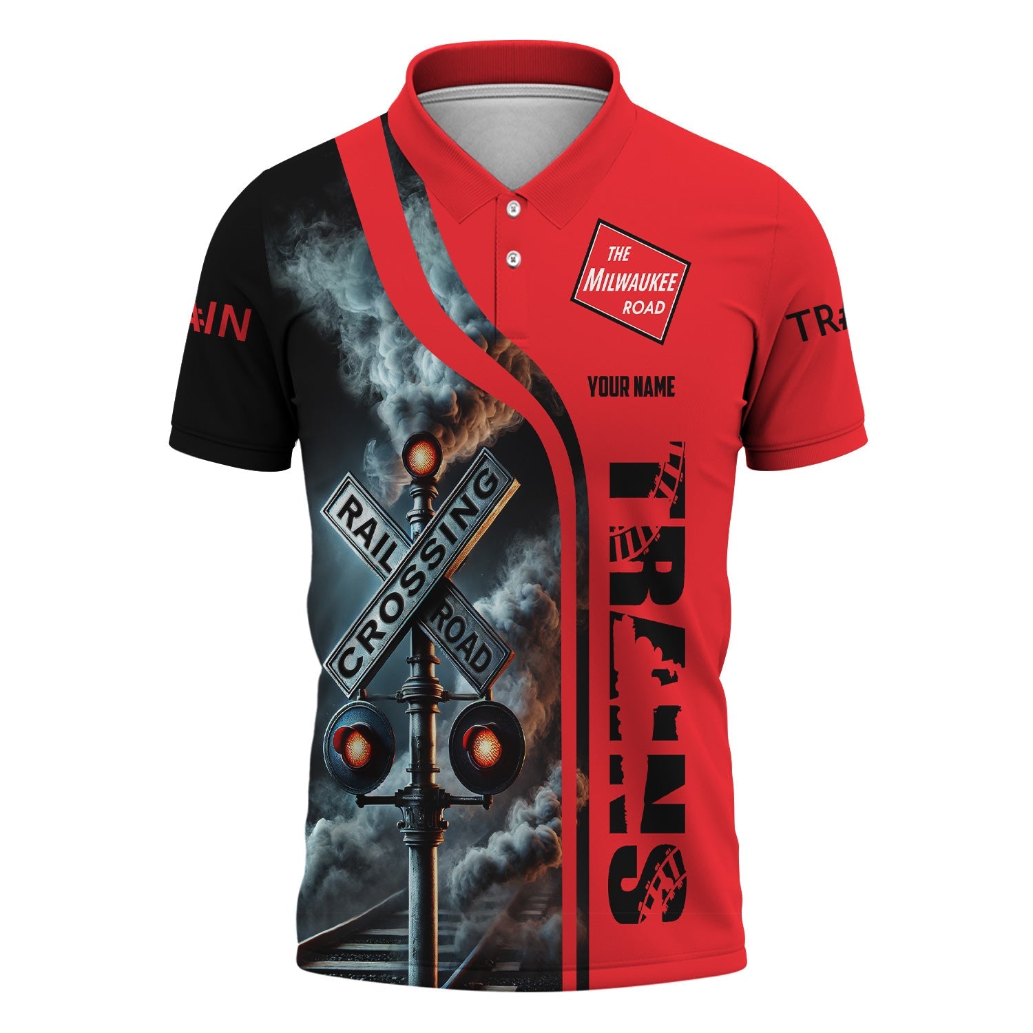 Railspirit Personalized Chicago, Milwaukee, St. Paul and Pacific Railroad Polo Shirt Crossing Railroad Sign American Locomotive Train Shirt