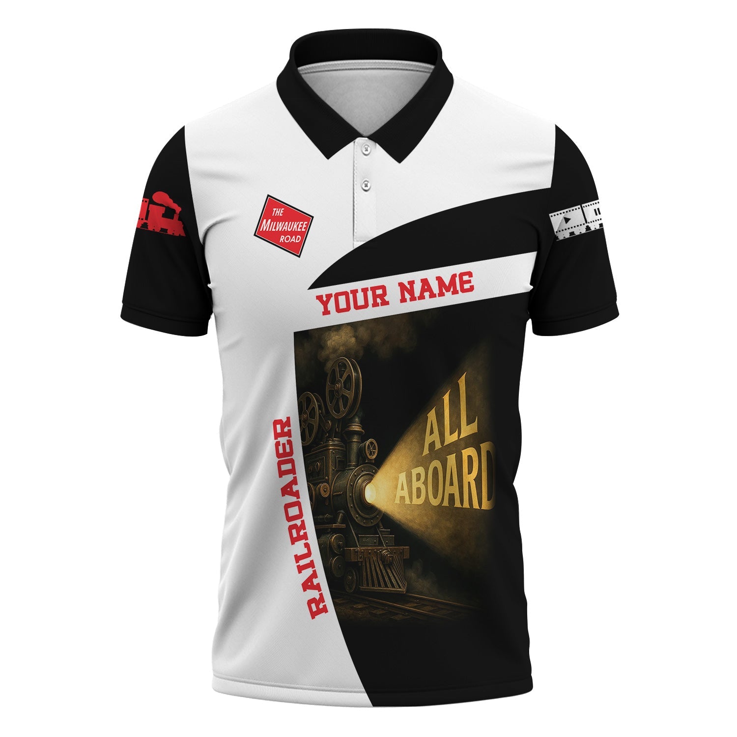 Railspirit Personalized Chicago, Milwaukee, St.Paul and Pacific Railroad Polo Shirt All Aboard Steam Train Movie Projector Style Milwaukee Road Shirt