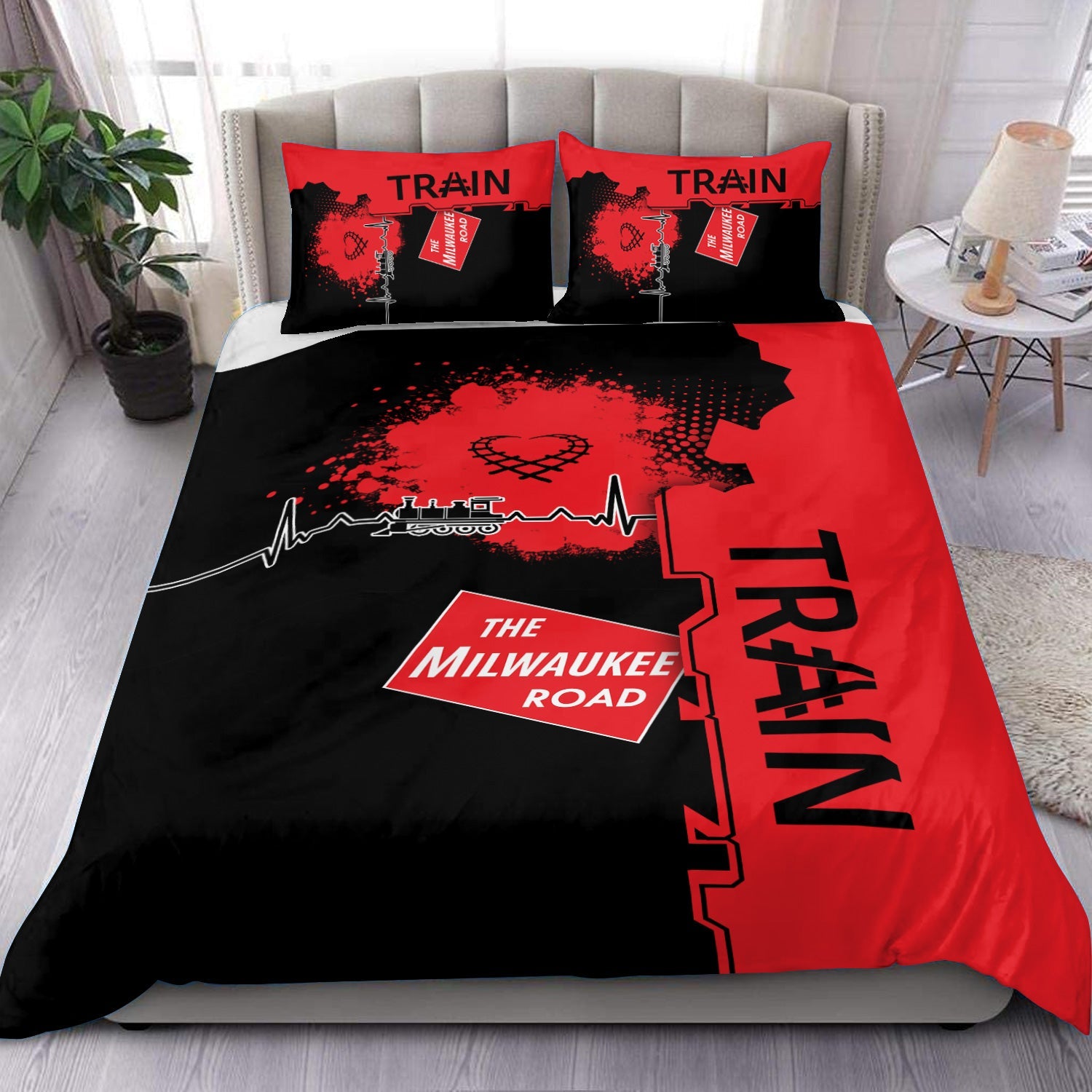 Railspirit Chicago, Milwaukee, St. Paul and Pacific Railroad Bedding Set Engine Heartbeat and Track Love Style Milwaukee Road Bedding Set